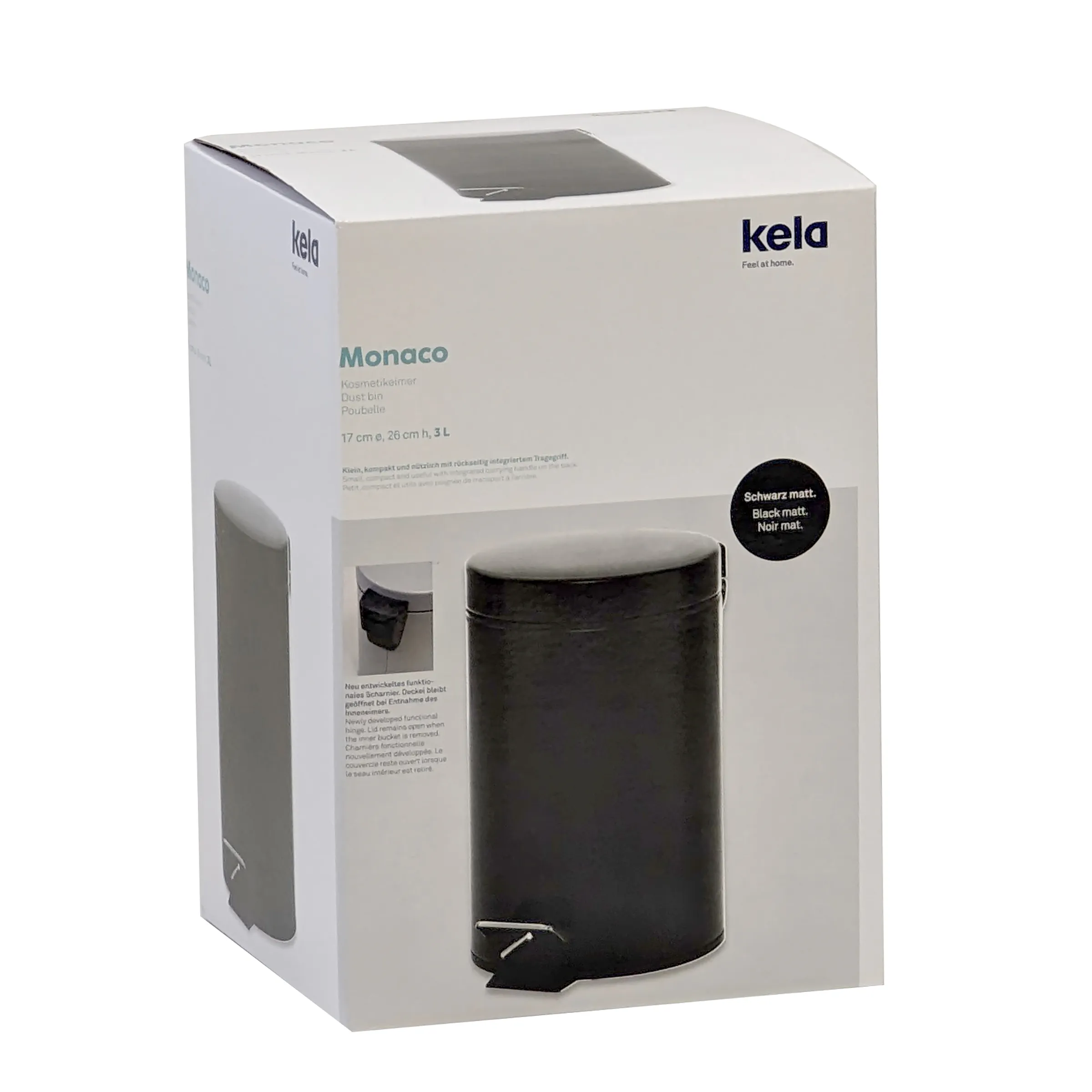 Kela Monaco Kosmetikeimer 3L Schwarz matt - Tretmülleimer für Badezimmer Kela Monaco Kosmetikeimer 3L in Schwarz matt, Verpackung mit Produktfoto des runden Tretmülleimers