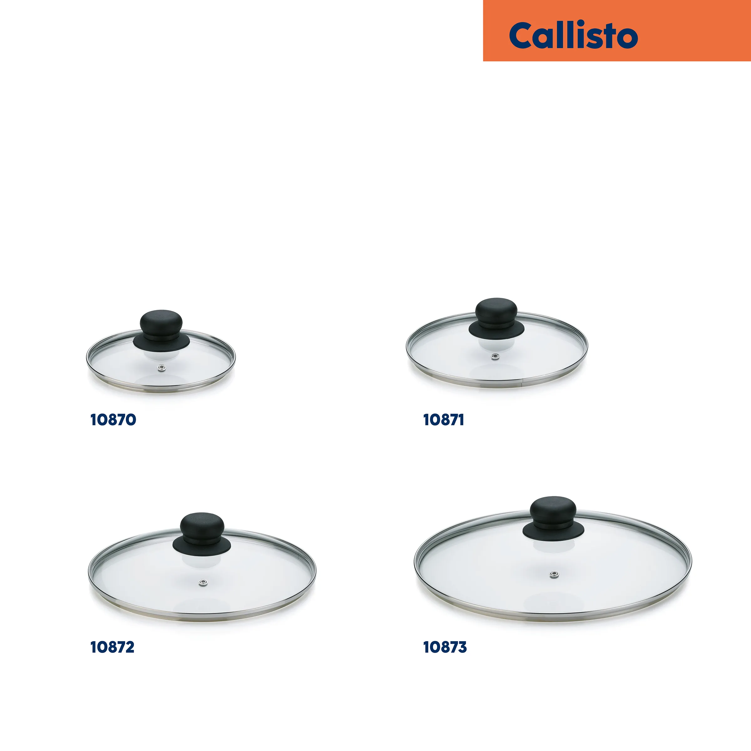 Callisto Glasdeckel Set - Küchendeckel verschiedene Größen Vier verschiedene Glasdeckel mit schwarzem Knopf und Metallrand von Callisto in unterschiedlichen Größen