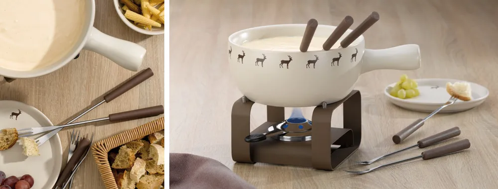 Fondue-Set Keramik mit Rechaud und Fondue-Gabeln Fondue-Set mit weißer Keramikschüssel, Hirschmotiv, Rechaud und vier Fondue-Gabeln mit braunen Griffen