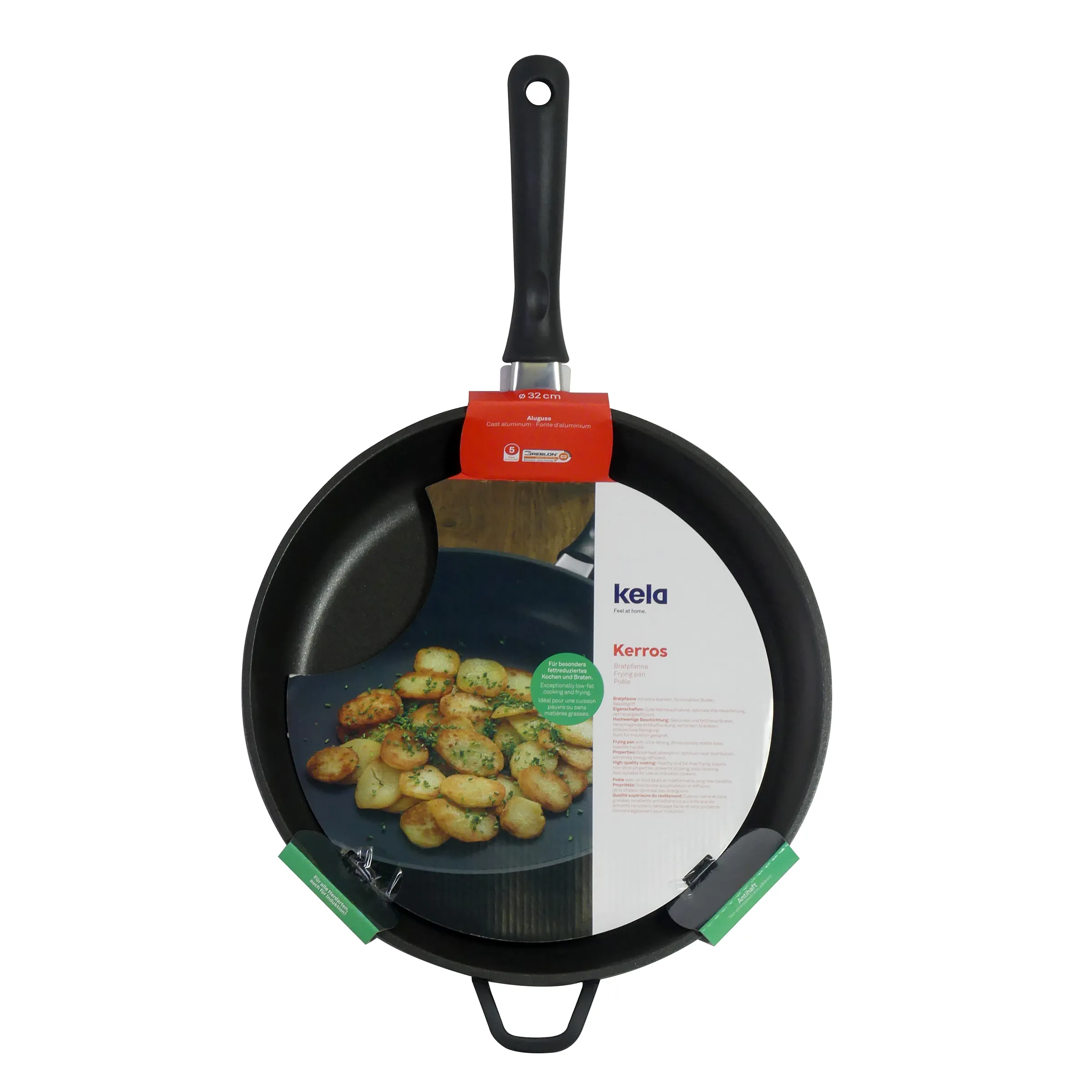 Kela Kerros Aluminium-Bratpfanne 32 cm mit Deckel Schwarze Aluminium-Bratpfanne Kela Kerros mit 32 cm Durchmesser, schwarzem Griff und Deckel, gefüllt mit gebratenen Kartoffelscheiben.