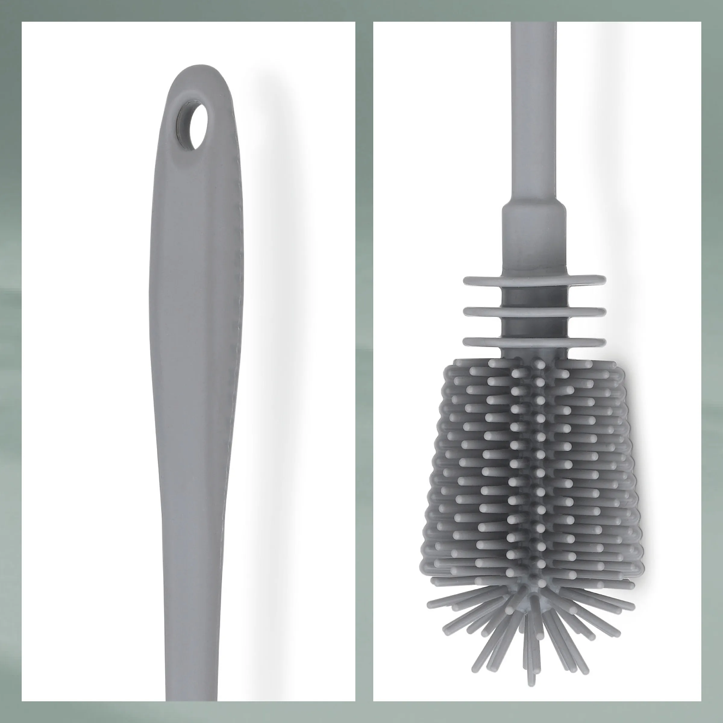 Graue Flaschenbürste mit flexiblen Borsten und ergonomischem Griff, Produktansicht vor weißem Hintergrund