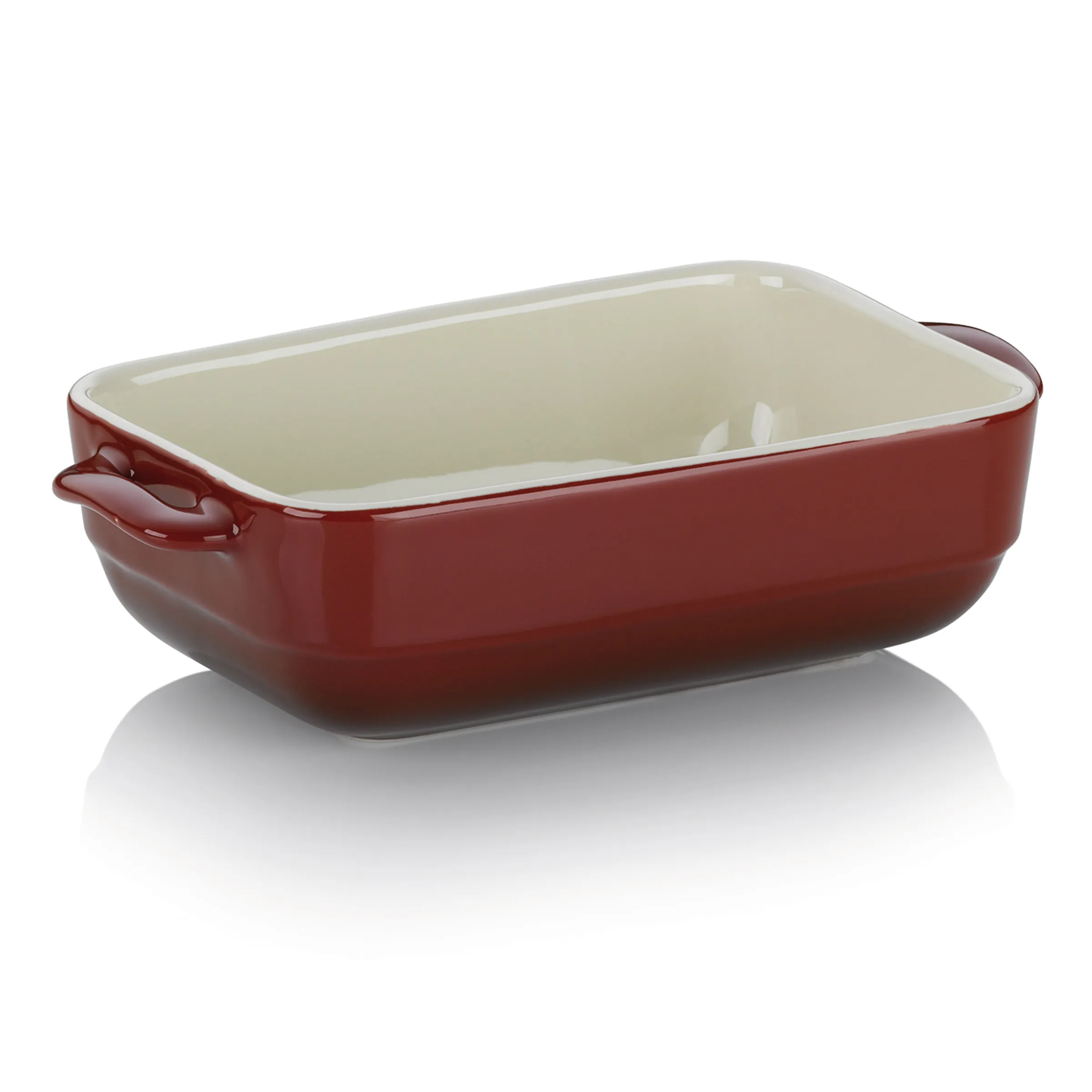Rote Keramik Auflaufform mit Griffen - Rechteckige Backform Rote rechteckige Auflaufform aus Keramik mit cremefarbener Innenseite und zwei Griffen