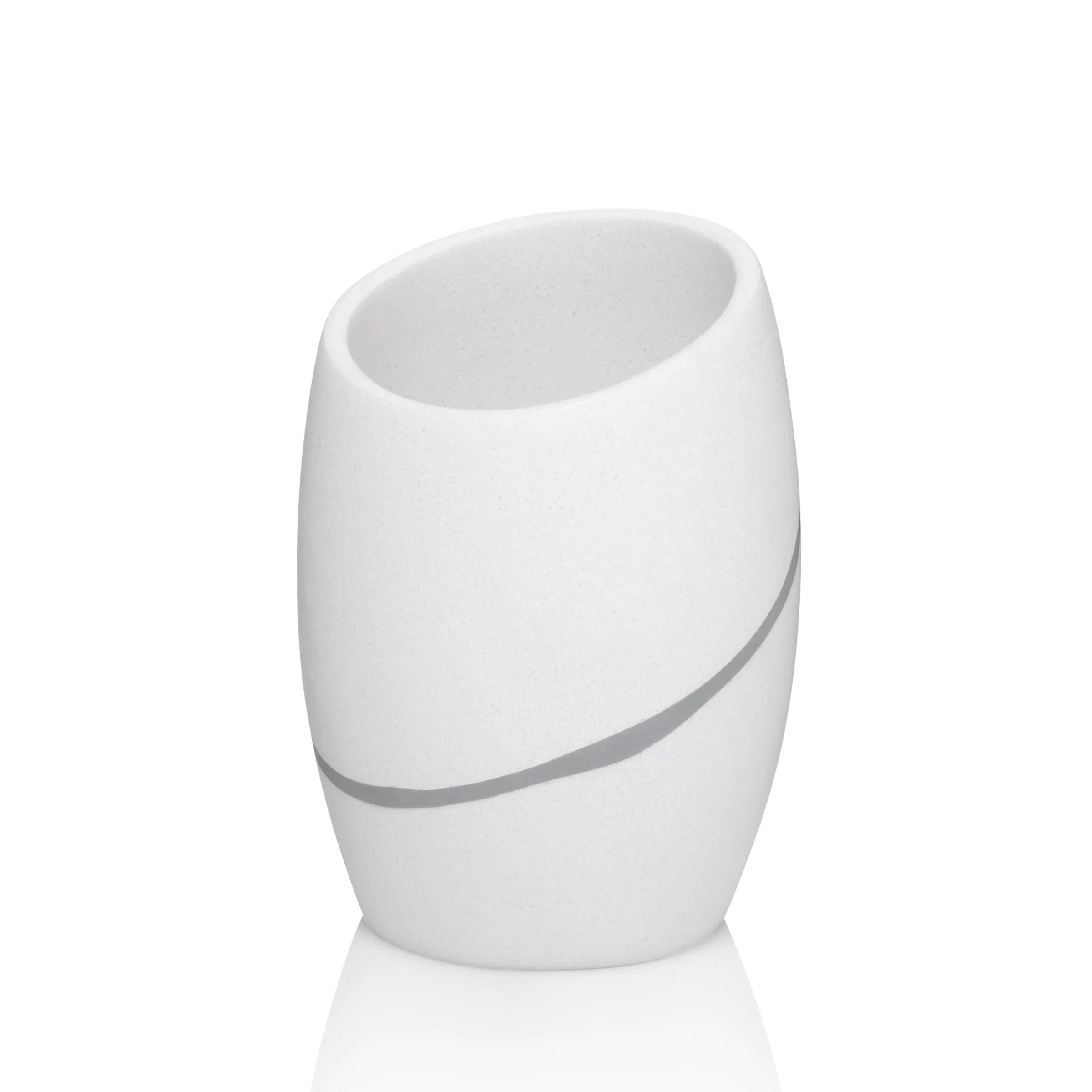 Moderner weißer Toiletteneimer mit grauem Spiralband-Design und offenem Deckel