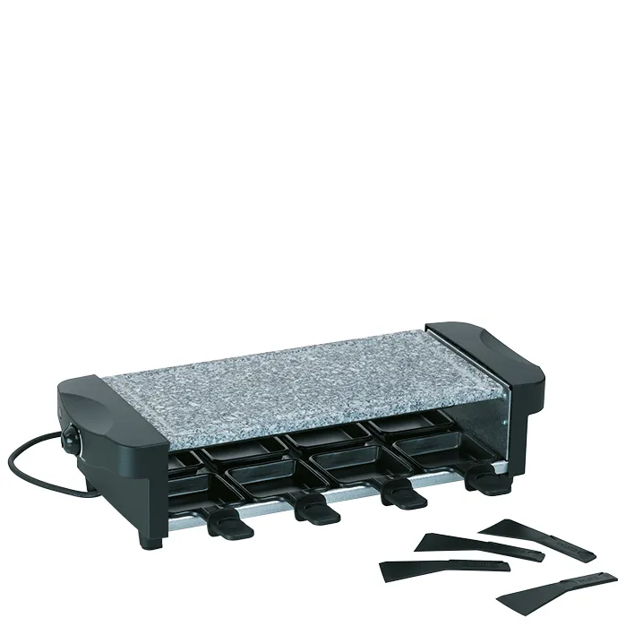 Raclette-Grill mit Granitplatte und Zubehör Raclette-Grill mit Granitplatte oben, schwarzen Schaber und sechs Pfännchen für Raclette-Käse.