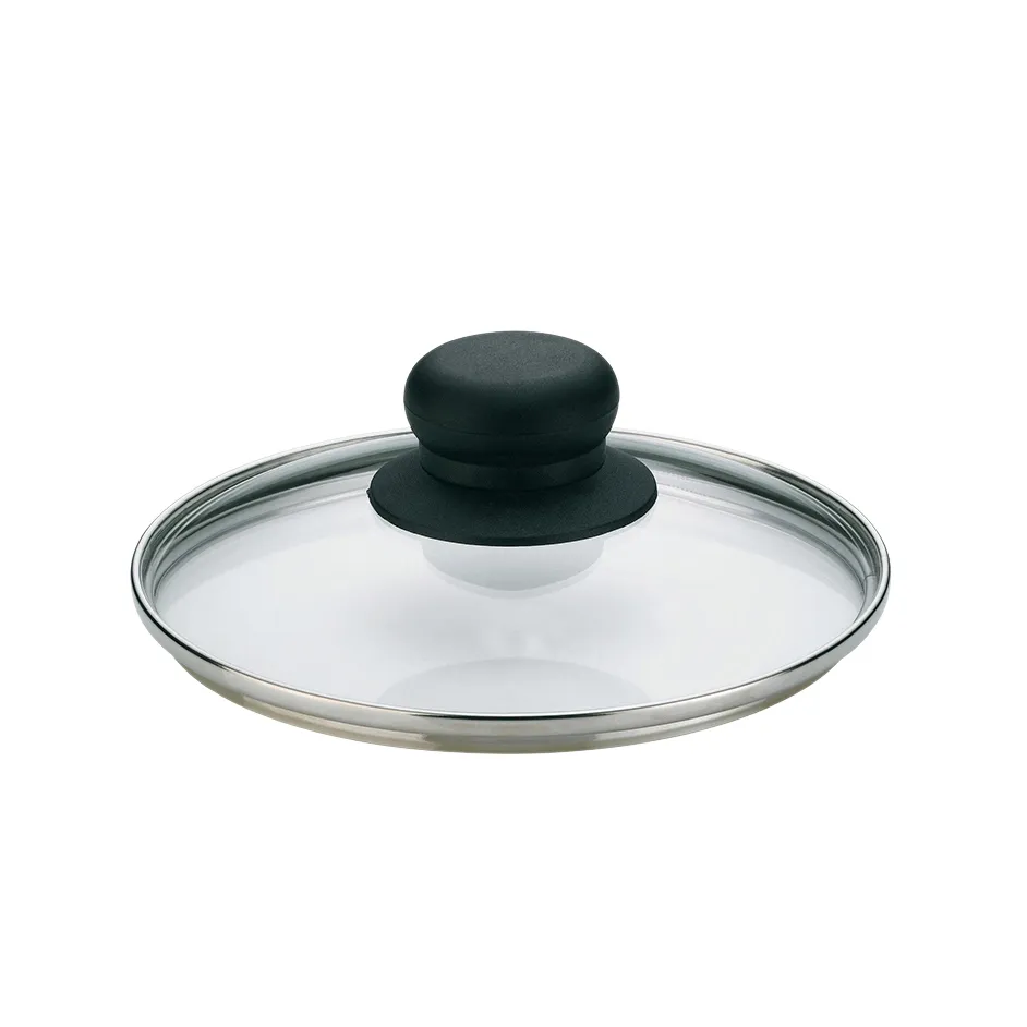 Glasdeckel mit Knopf – Topfdeckel aus Glas mit Edelstahlrand Glasdeckel mit schwarzem Kunststoffknopf und Edelstahlrand auf weißem Hintergrund