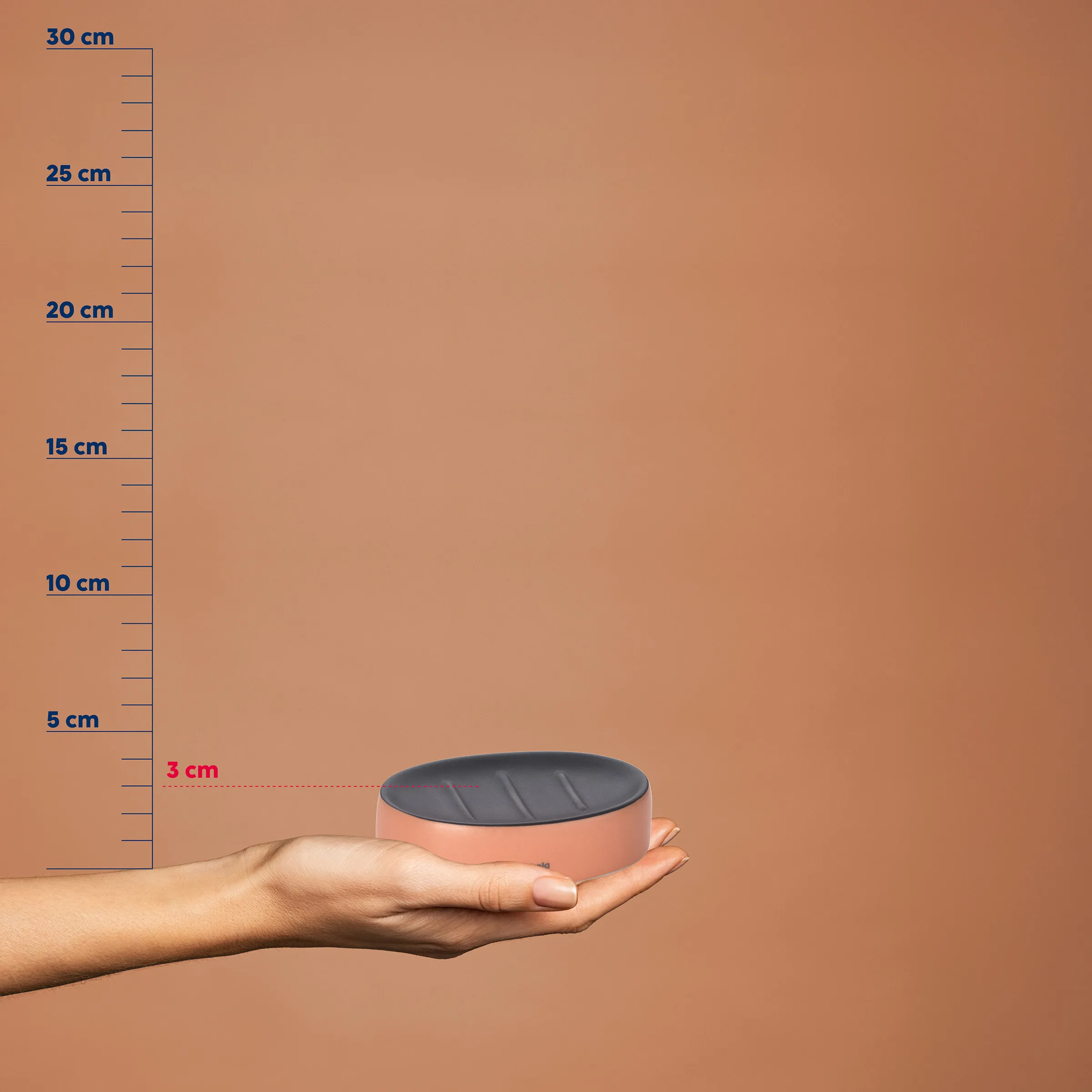Kleine Schale mit Deckel – Größenvergleich Produktfoto Rosa Schale mit schwarzem Deckel in einer Hand neben Größenvergleichsskala mit Markierungen von 3 cm bis 30 cm
