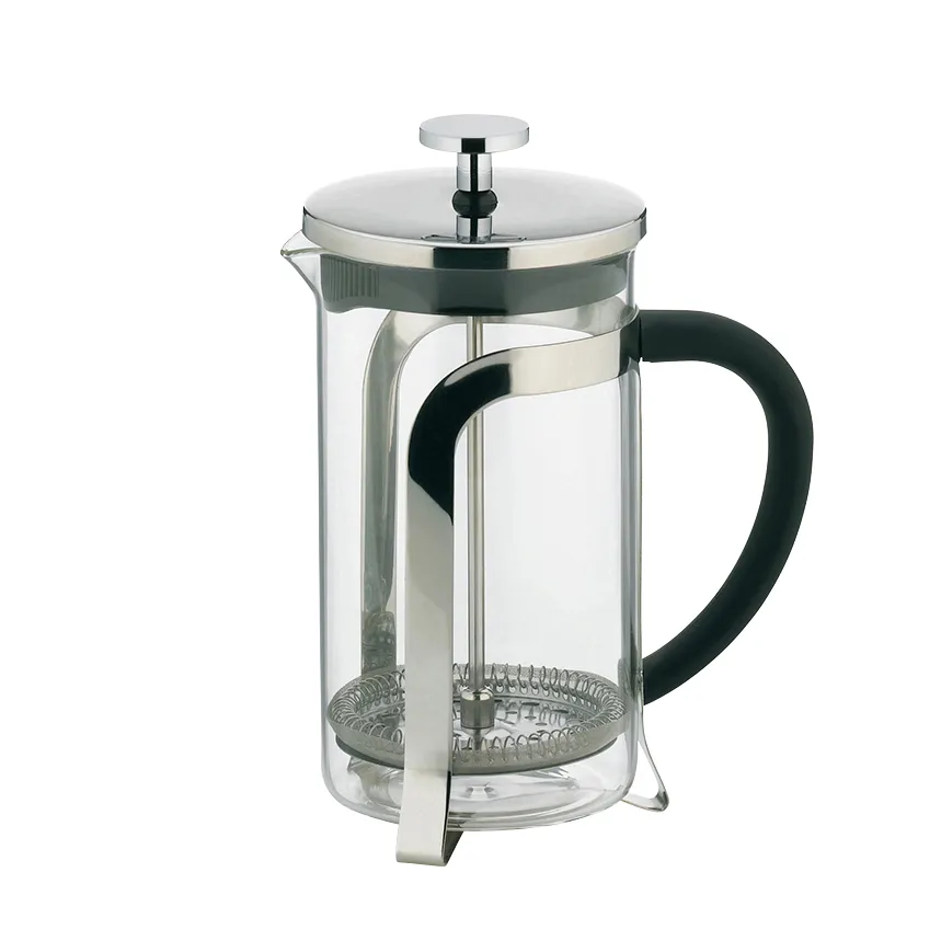 Französische Pressstempel-Kaffeekanne aus Glas Glaskanne mit Metalldeckel, schwarzem Griff und Pressstempel für die Zubereitung von Kaffee oder Tee