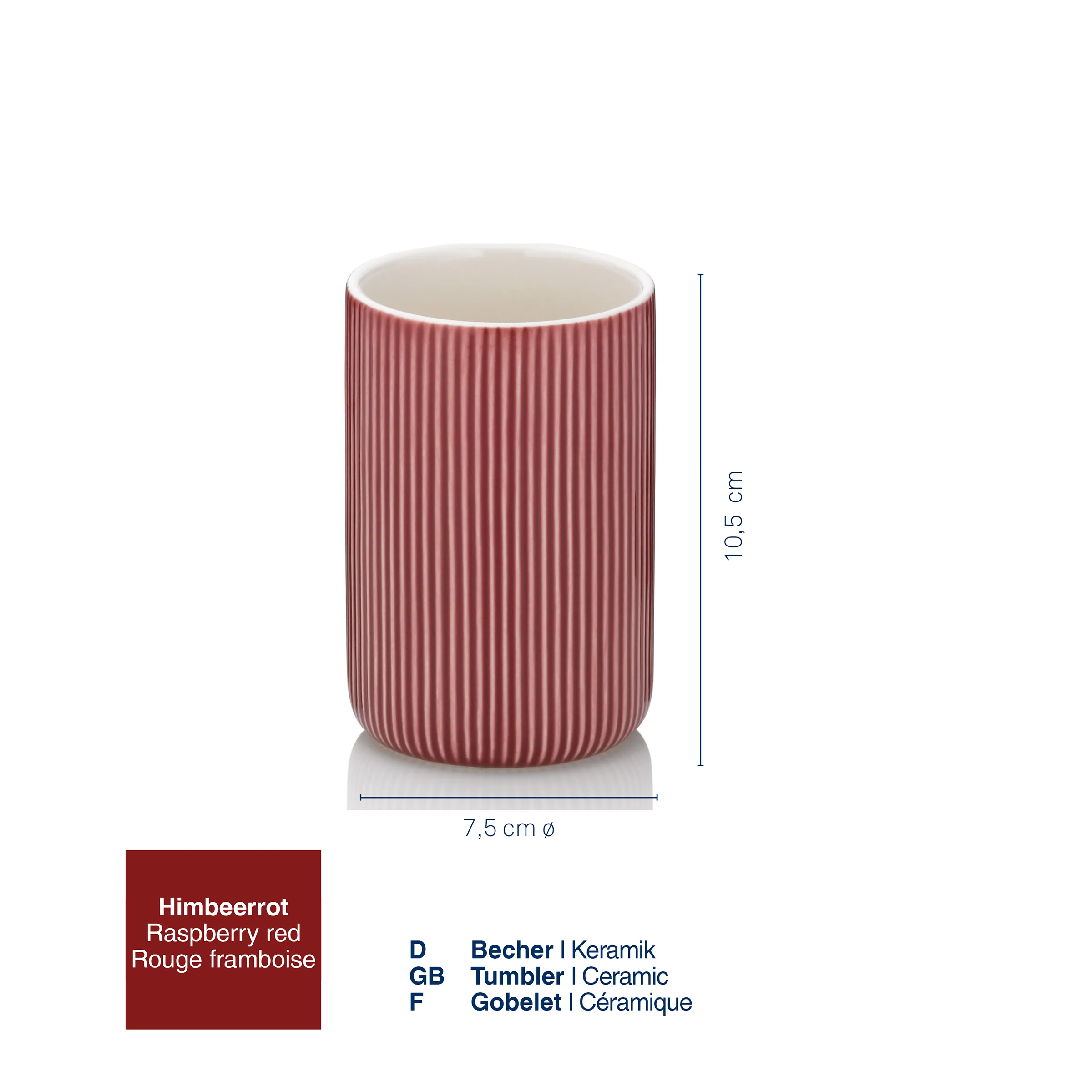 Keramikbecher Himbeerrot gerillt 10,5 cm - Moderner Trinkbecher Himbeerroter Keramikbecher mit gerillter Oberfläche, 10,5 cm hoch und 7,5 cm Durchmesser, auf weißem Hintergrund