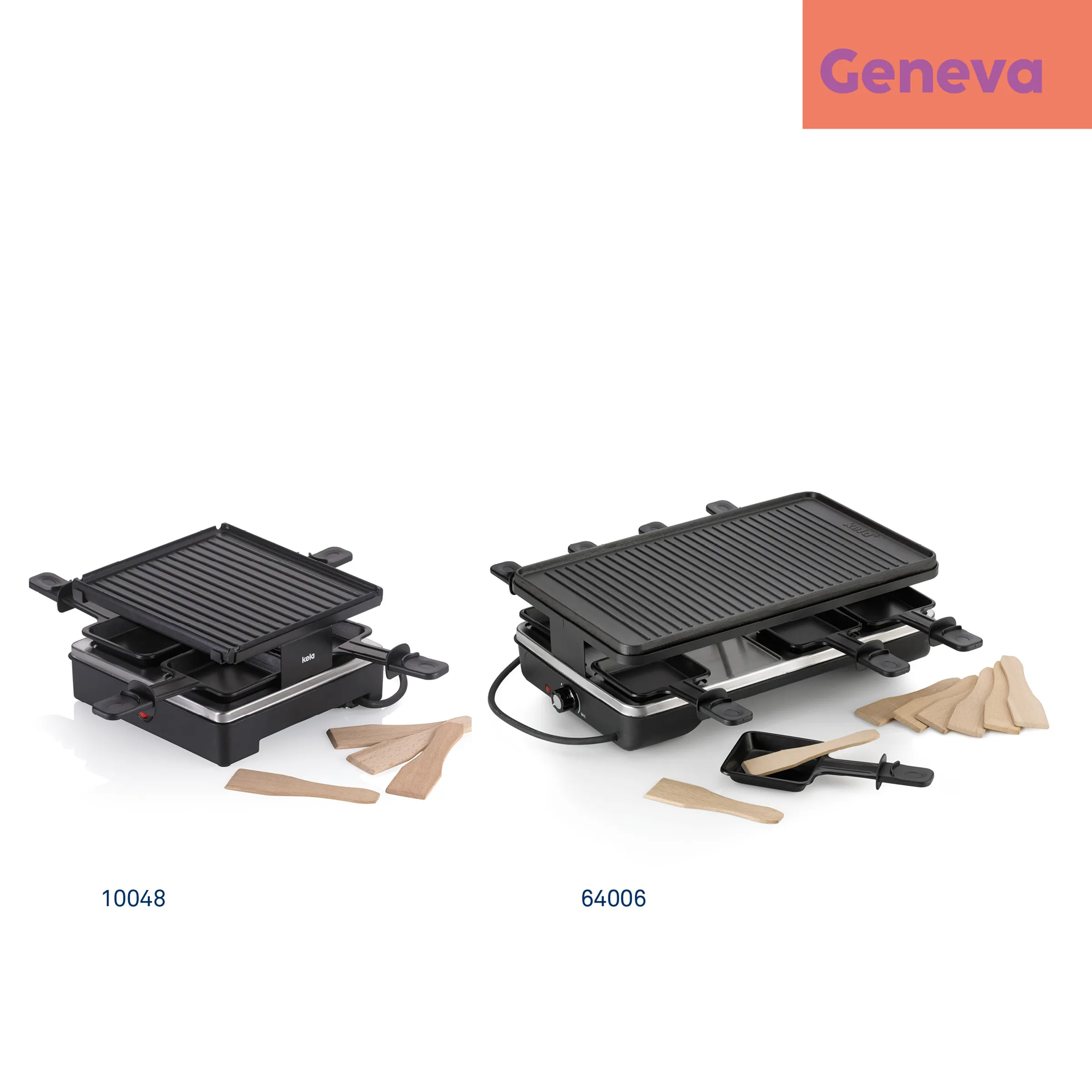 Raclette-Grill Geräte - Modelle 10048 und 64006 Zwei schwarze Raclette-Grills mit Grillplatte und Holzspachteln. Links Modell 10048, rechts Modell 64006 mit mehr Zubehör.