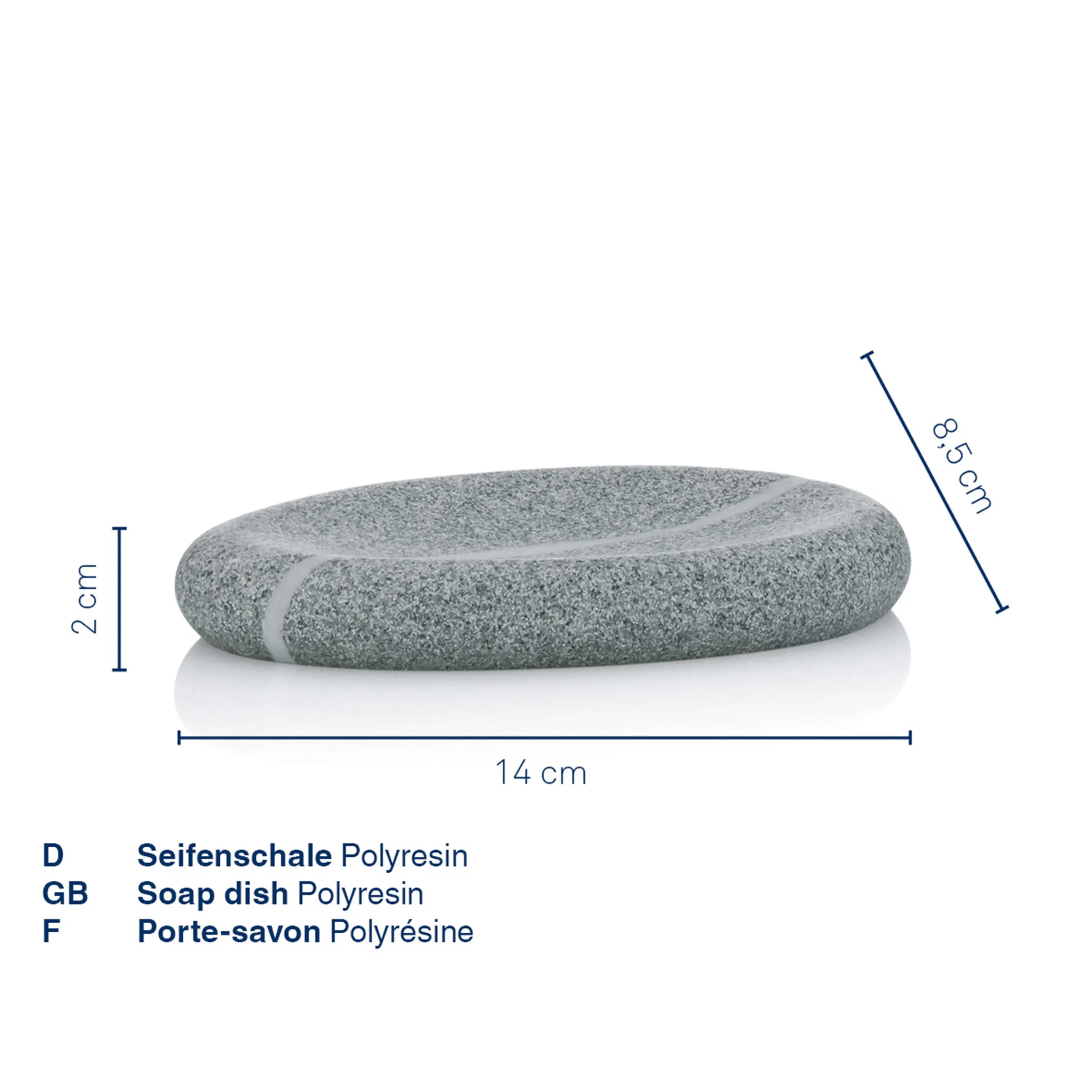 Seifenschale Polyresin grün oval 14 cm Grüne Seifenschale aus Polyresin mit ovaler Form und strukturierter Oberfläche. Abmessungen: 14 cm Länge, 8,5 cm Tiefe, 2 cm Höhe.