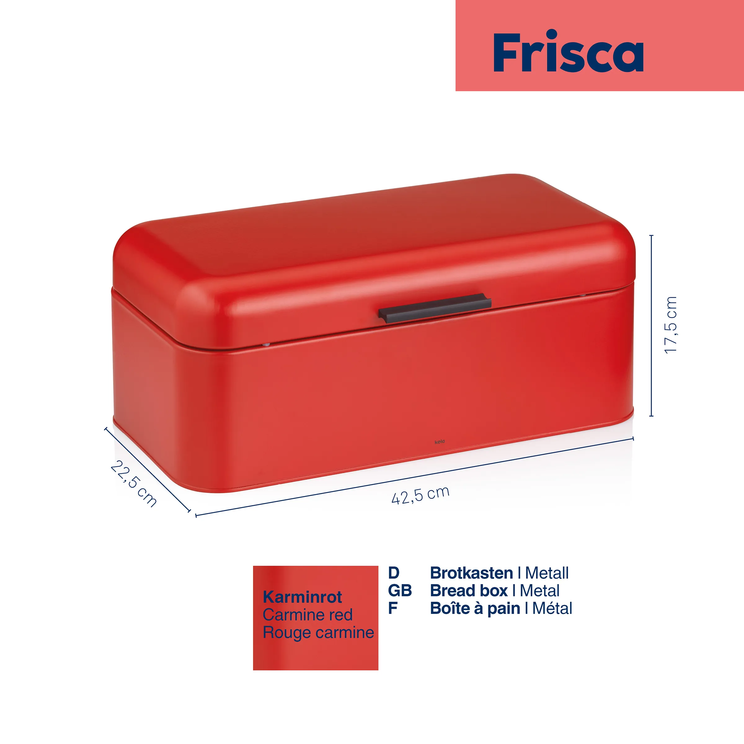 Frisca Brotkasten Metall Karminrot - Karmint Rote Frisca Brotkasten aus Metall mit abgerundetem Deckel und schwarzem Griff, Maße: 42,5 x 22,5 x 17,5 cm