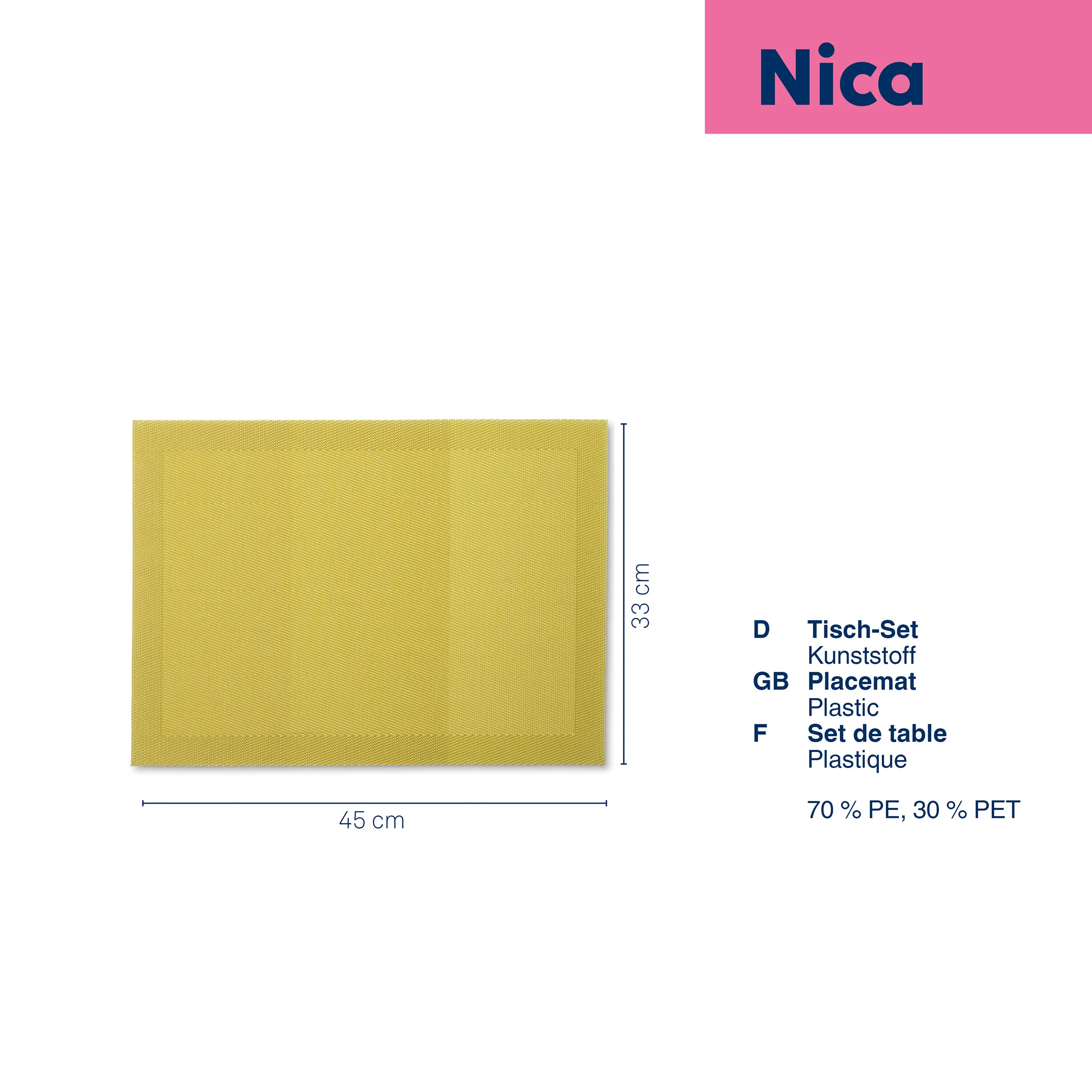 Gelber Kunststoff-Tischset (Placemat) von Nica mit Maßangaben: 45 cm Breite und 33 cm Höhe.