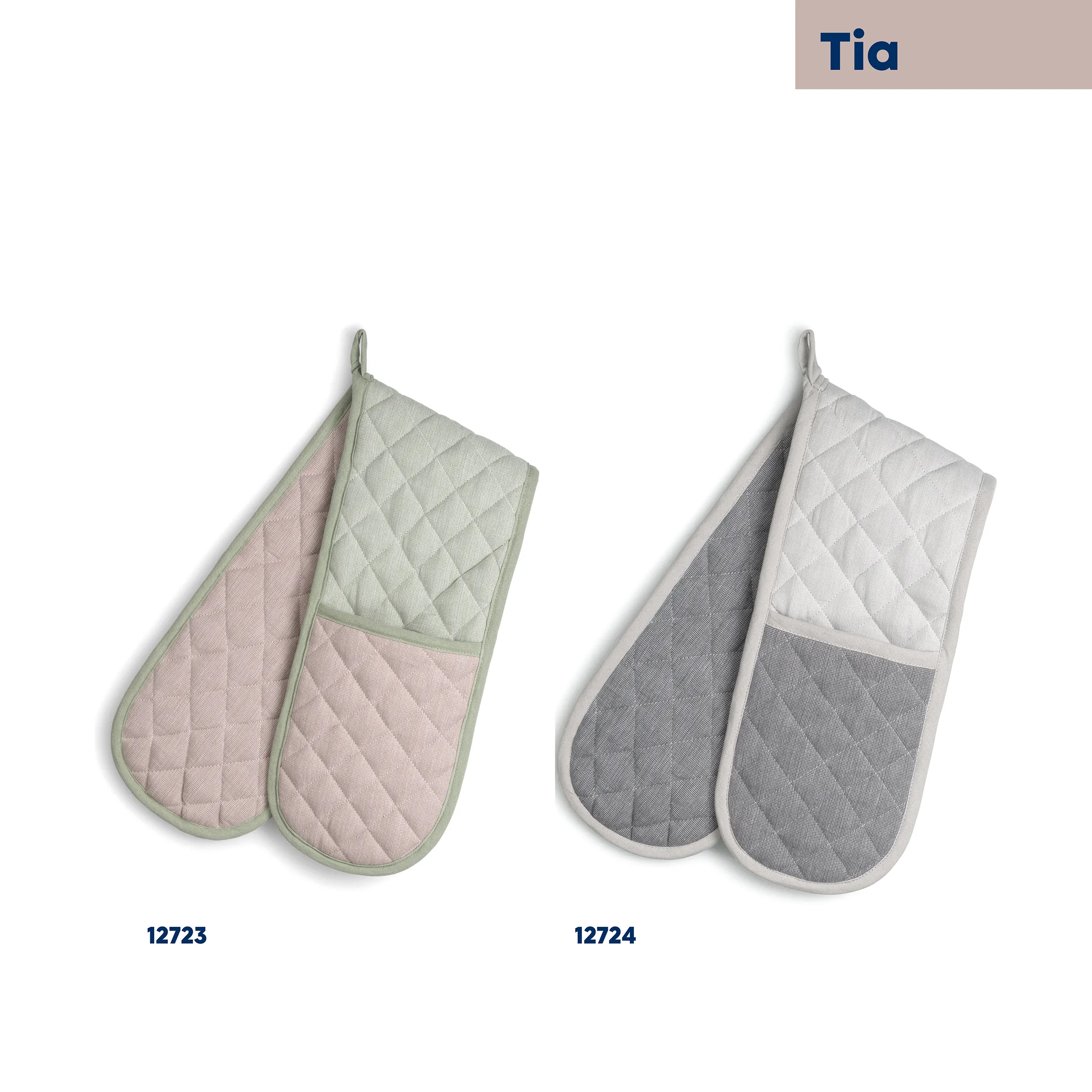 Gesteppte Topflappen Set - Zweifarbige Küchentextilien Rosa Grün Grau Zwei Sets gesteppter Topflappen in Rosa/Grün und Grau/Beige mit praktischer Aufhängeschlaufe