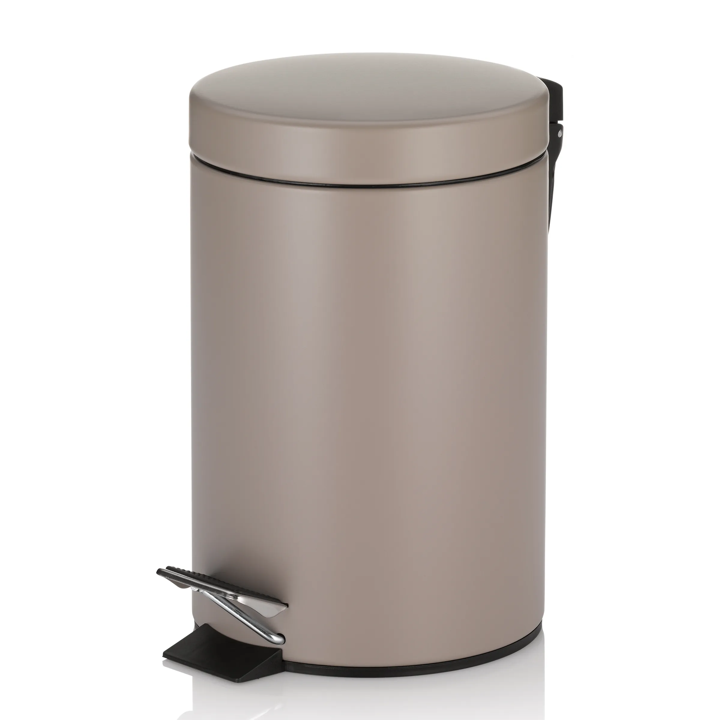 Tretmülleimer Taupe Metall mit Pedal - Abfalleimer Bad Küche Taupe-farbener Tretmülleimer aus Metall mit rundem Design, schwarzem Pedal und abnehmbarem Deckel