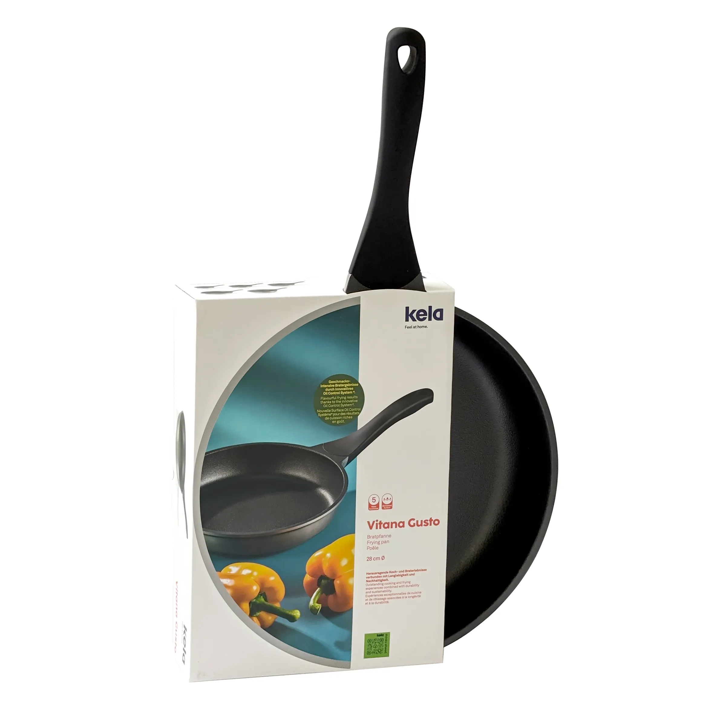 Schwarze Kela Vitand Gusto Bratpfanne mit schwarzem Griff und Originalverpackung mit gelben Paprika-Abbildungen auf blauem Hintergrund.