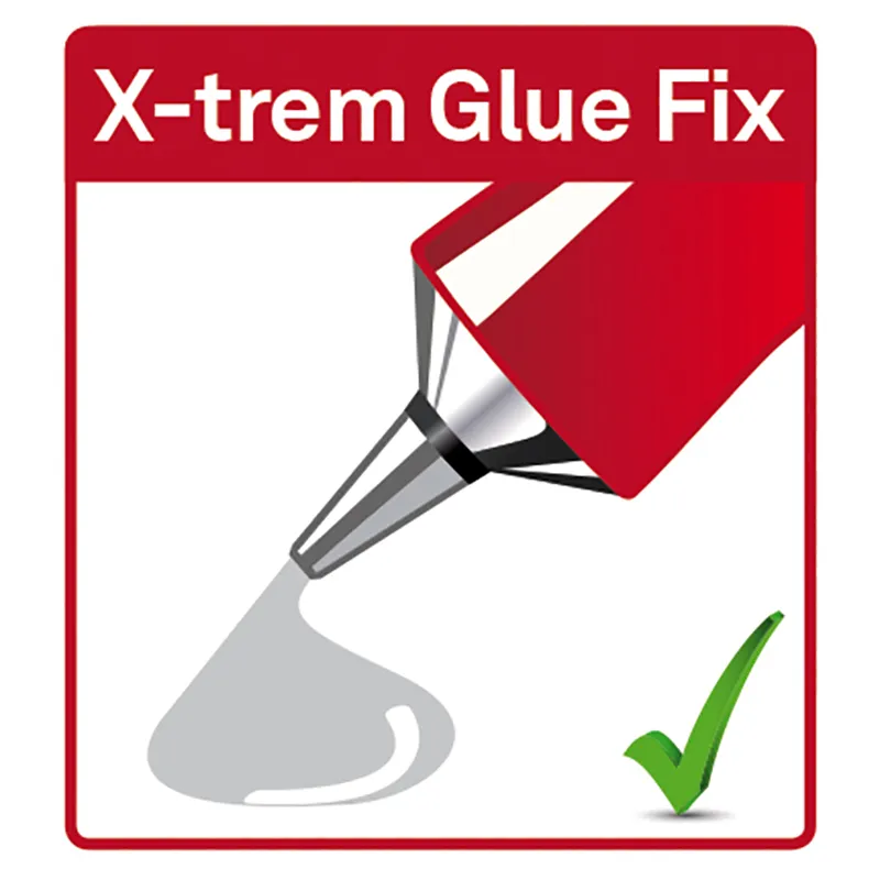 X-trem Glue Fix - Starker Kleber für zuverlässige Reparaturen X-trem Glue Fix Produktverpackung mit rotem Etikett und Klebestiftsymbol, grükes Häkchen bestätigt Qualität