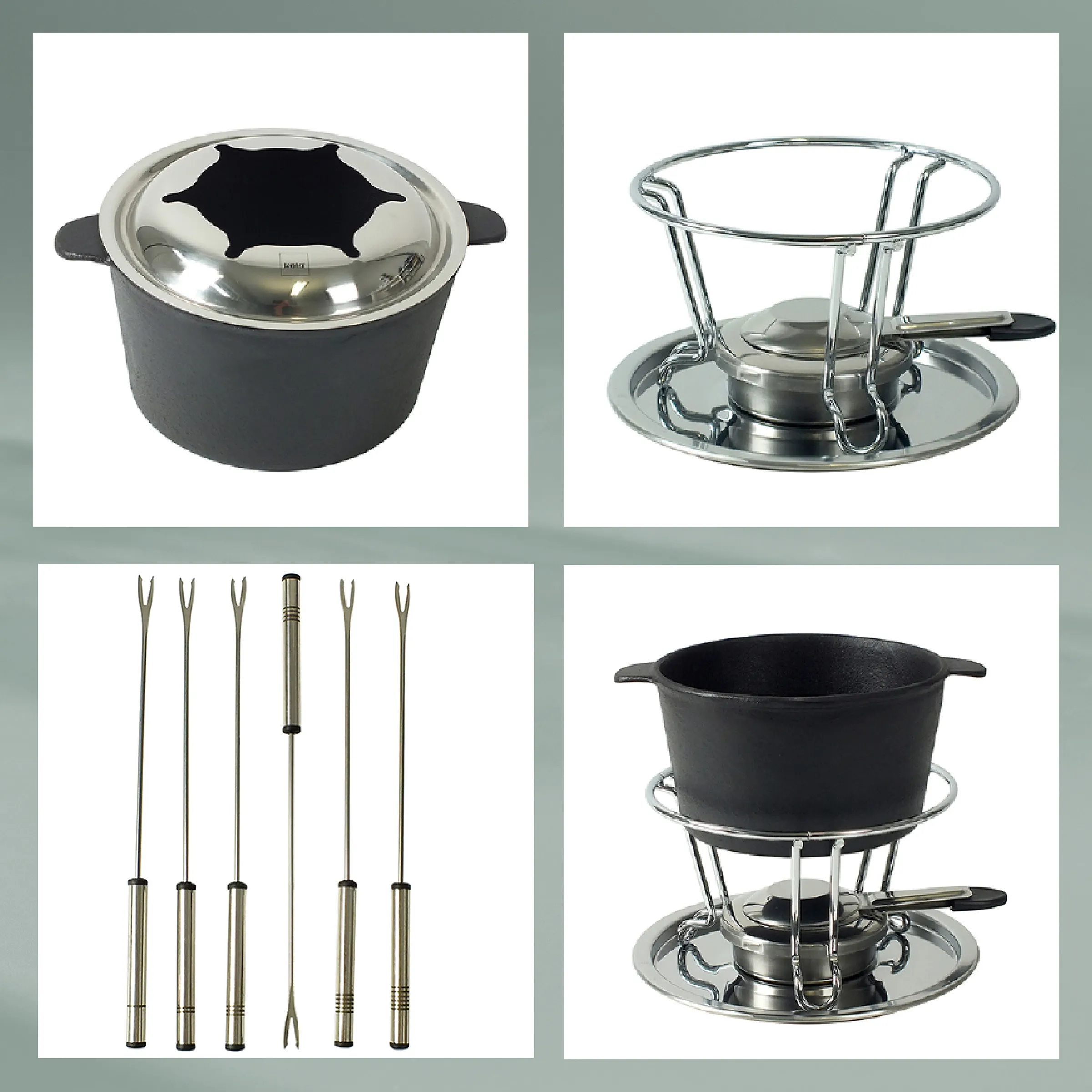 Raclette Set mit Topf und Zubehör Raclette-Set bestehend aus schwarzem Topf mit Glasdeckel, Käseschaber und sechs Fleischgabeln
