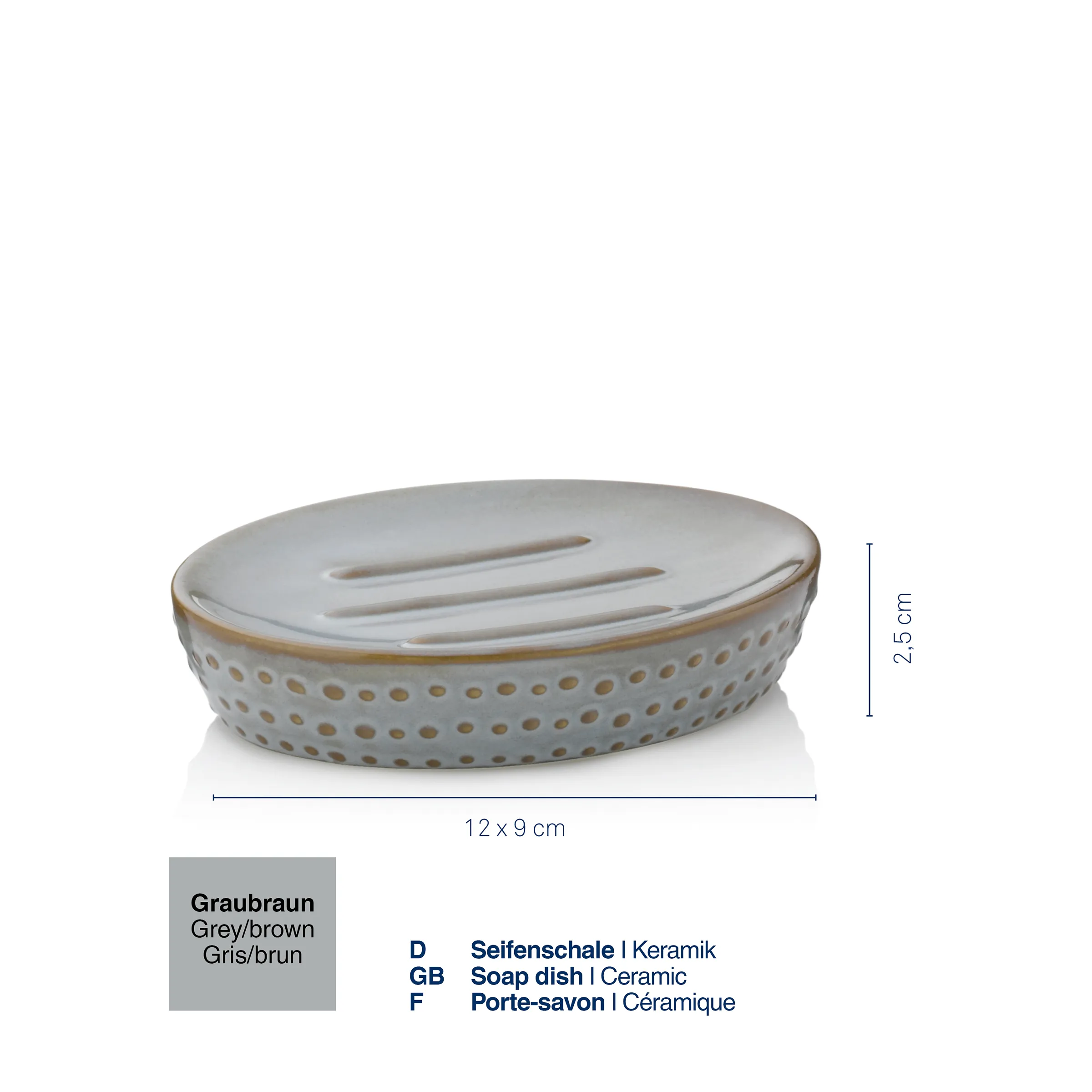 Seifenschale Keramik graubraun - modernes Badezimmer Accessoire Graubraune Seifenschale aus Keramik mit Lochoberfläche und Rillen oben, 12x9 cm, Höhe 2,5 cm