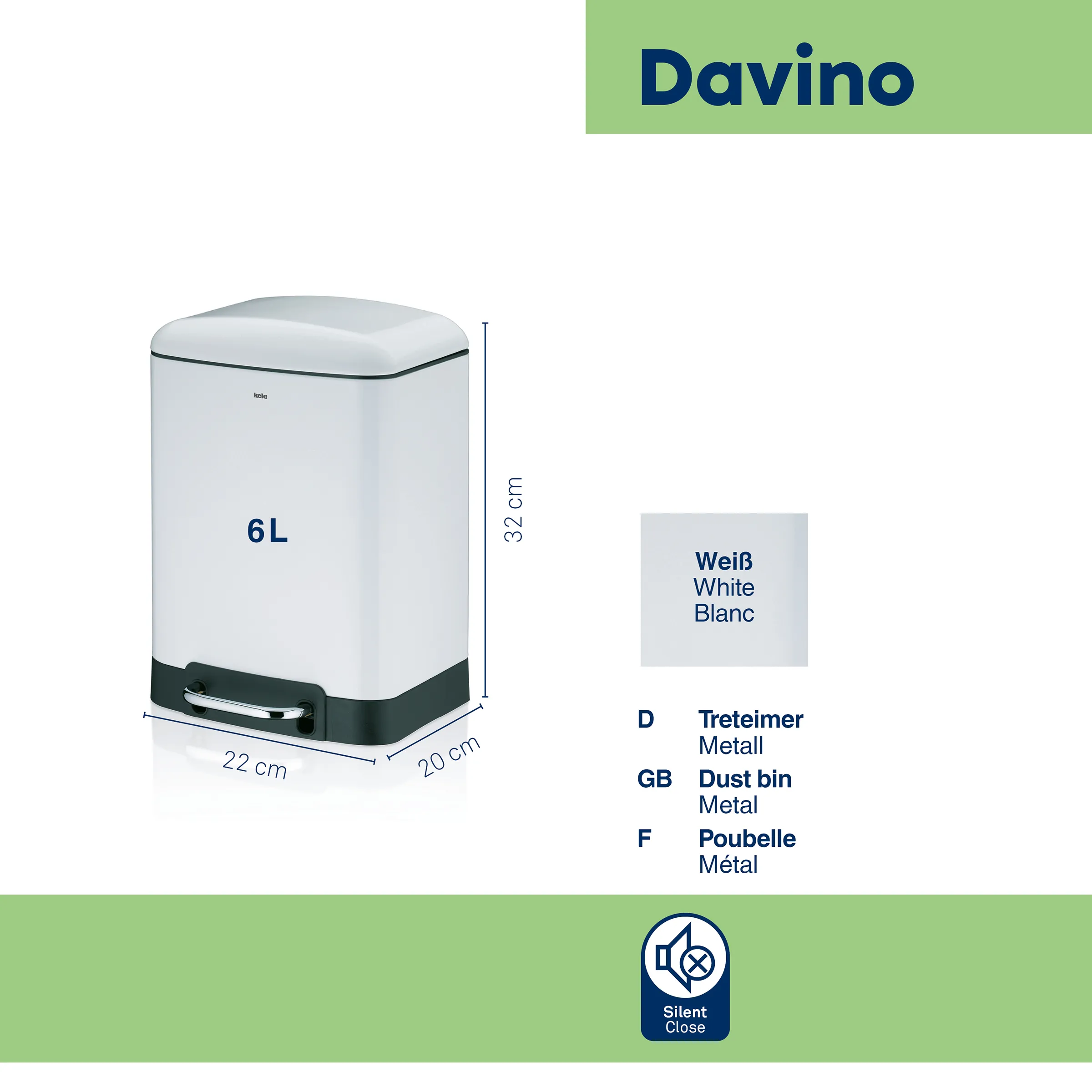 Davino 6L Mülleimer weiß mit Silent Close Funktion Davino Mülleimer 6L mit weißem Deckel und schwarzem Metallsockel, 32 cm hoch, 22 x 20 cm Grundfläche