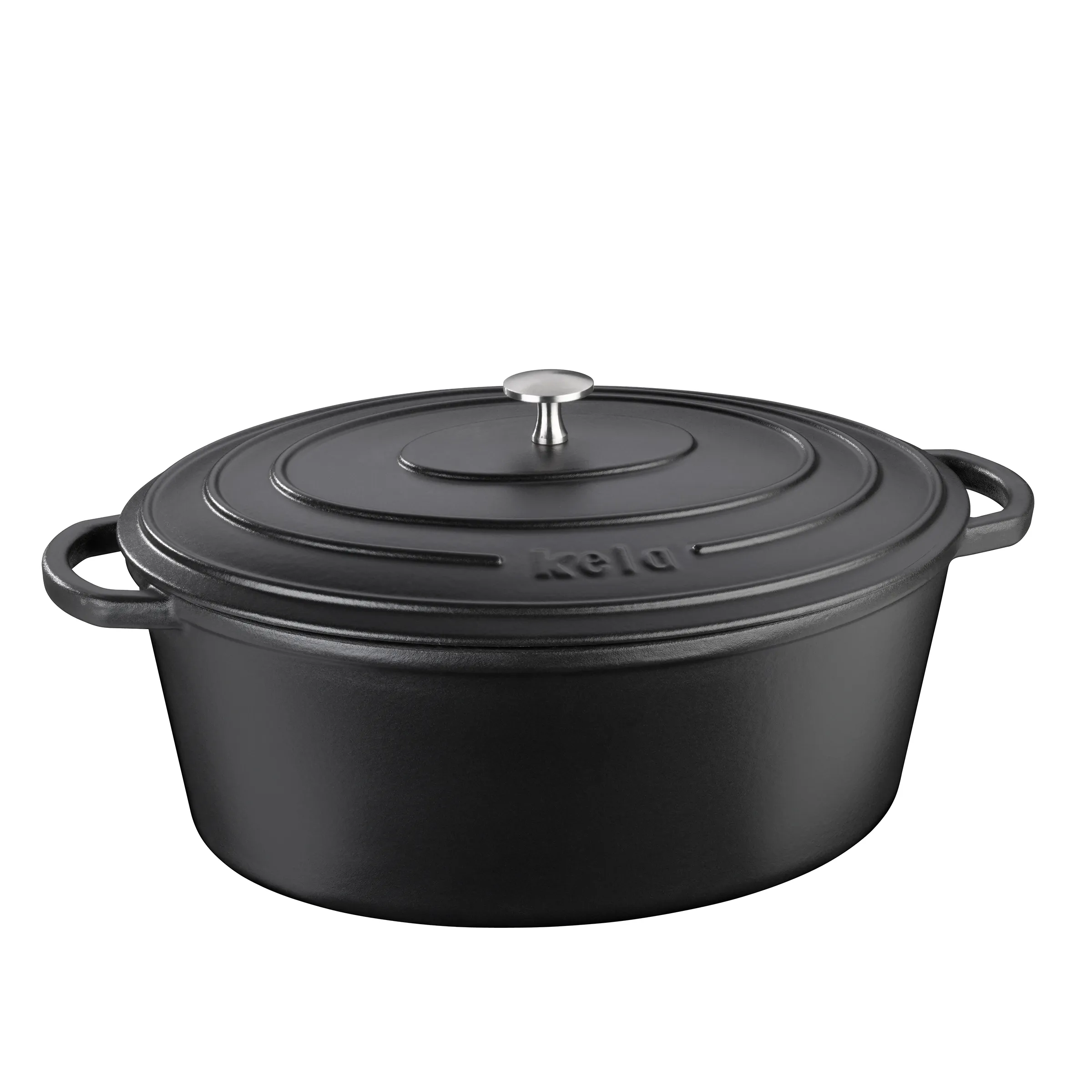Gusseisen Schmortopf schwarz mit Deckel - Bratentopf oval Dutch Oven Schwarzer gusseiserner Schmortopf mit Deckel und Edelstahlknopf, zwei seitliche Griffe, runde Form