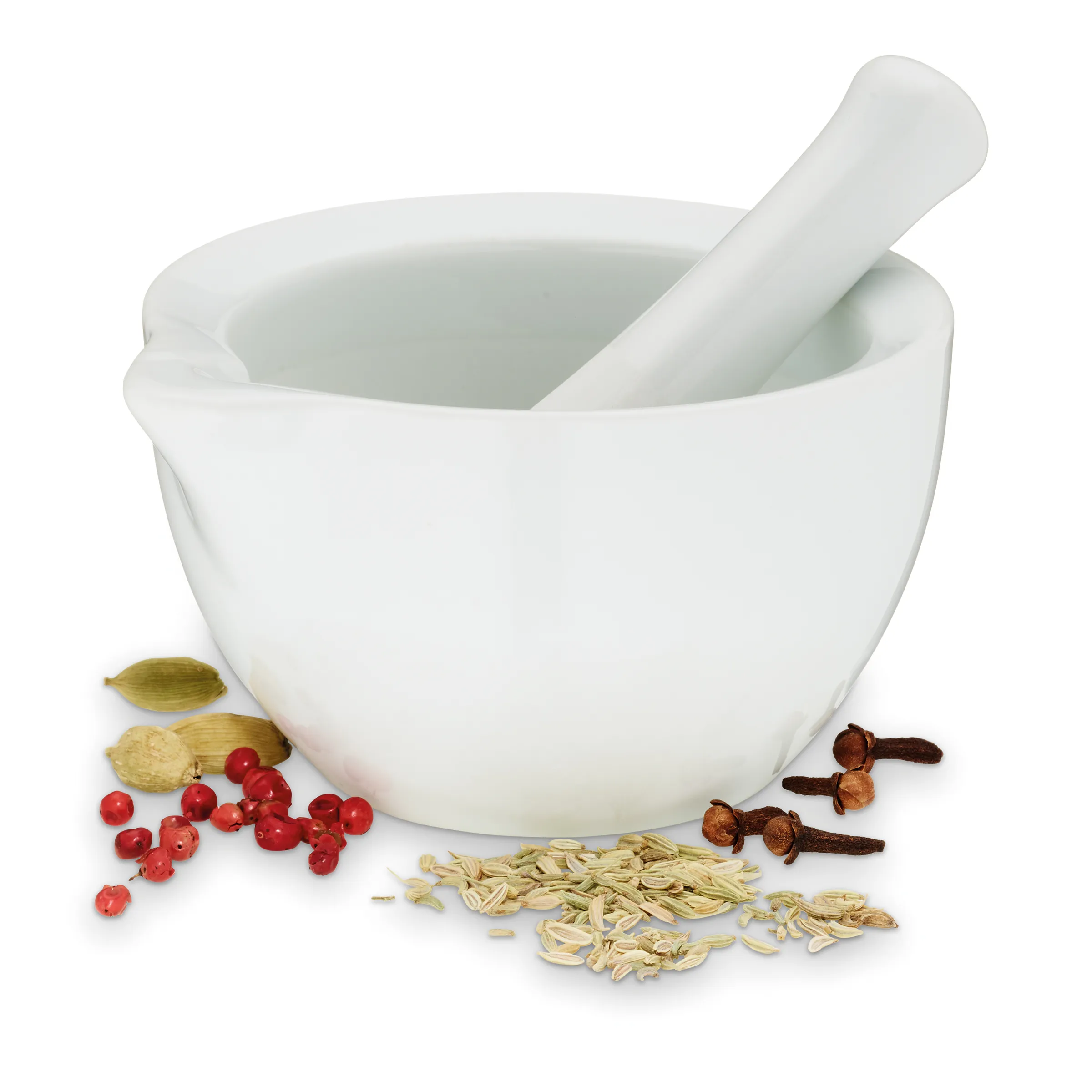 Mörser und Stößel für Gewürze und Kräuter mahlen Weißer Mörser mit Stößel und getrockneten Kräutern wie Johannisbeeren, Kardamom und Fenchel