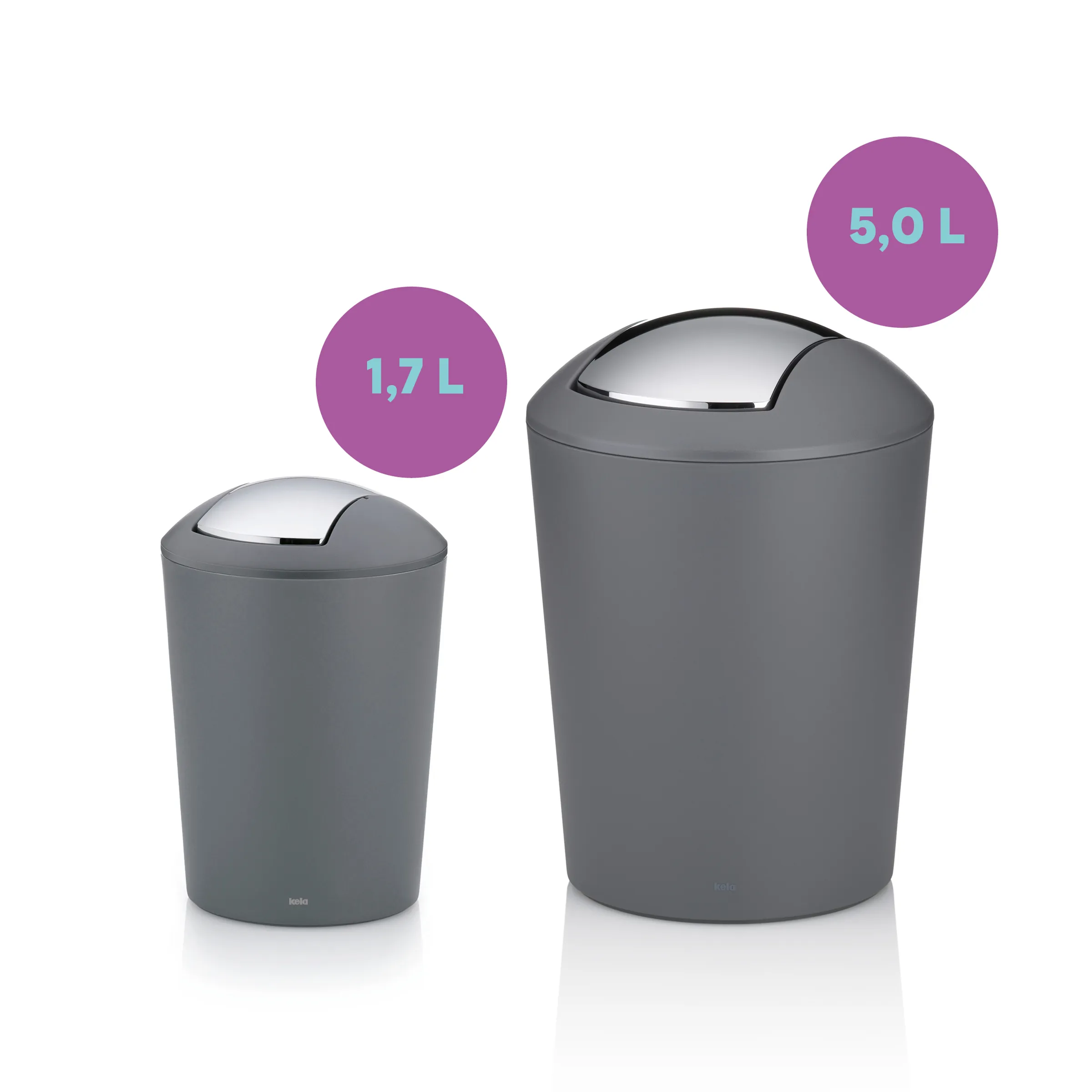 Schwingdeckeleimer grau 1,7L und 5L - Kosmetikeimer Badezimmer Mülleimer Zwei graue Schwingdeckeleimer in 1,7 L und 5,0 L nebeneinander mit violetten Volumenangaben