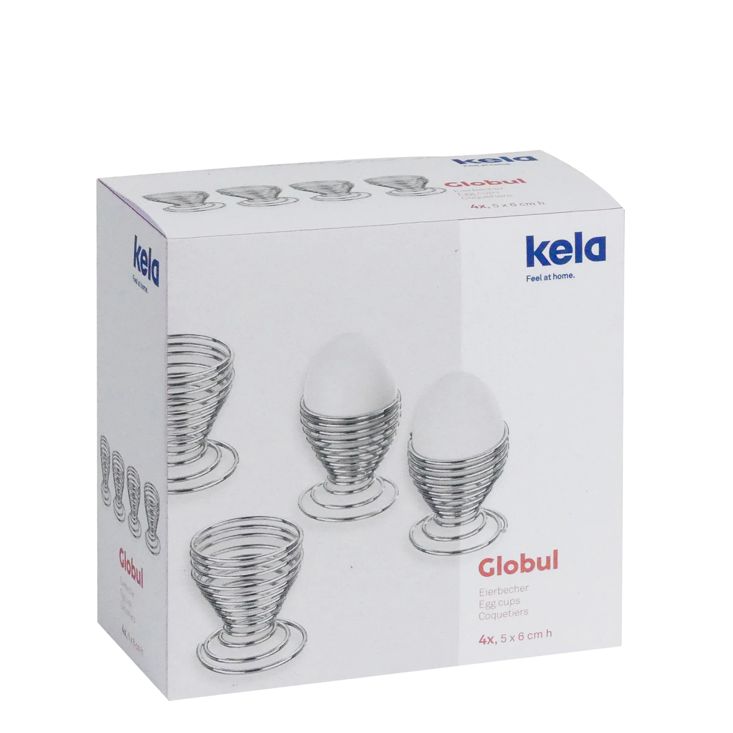 Kela Globul Eierbecher 4er-Set verchromt - Spiraldesign Edelstahl Eierhalter Kela Globul Eierbecher 4er-Set, verchromtes Metall mit Spiraldesign, 5x6cm, in weißer Verpackung