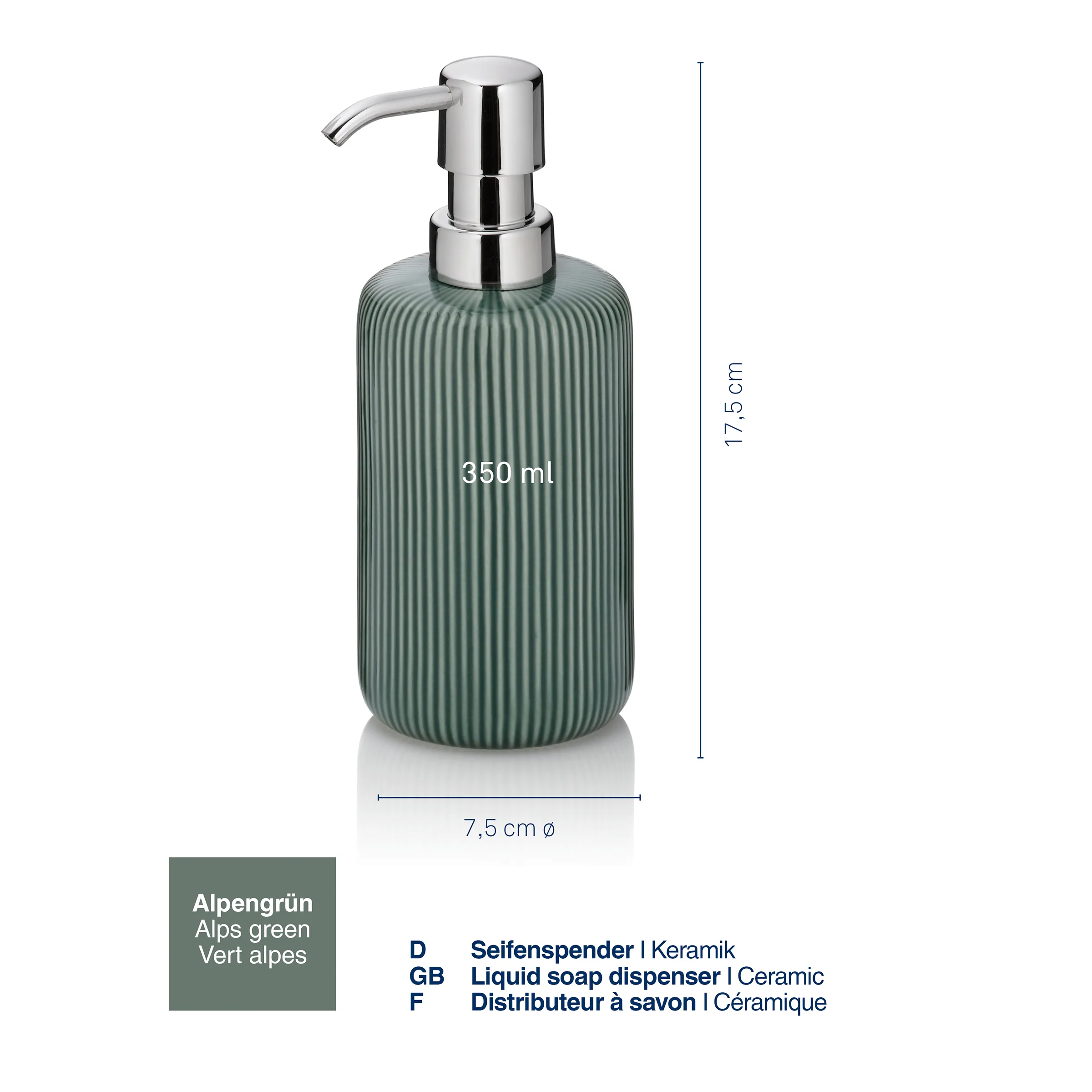 Seifenspender Keramik Alpengrün 350ml - Gerilltes Design mit Chrompumpe Alpengrüner Keramik-Seifenspender mit gerillter Oberfläche und Chrompumpe, 350 ml, 17,5 cm hoch