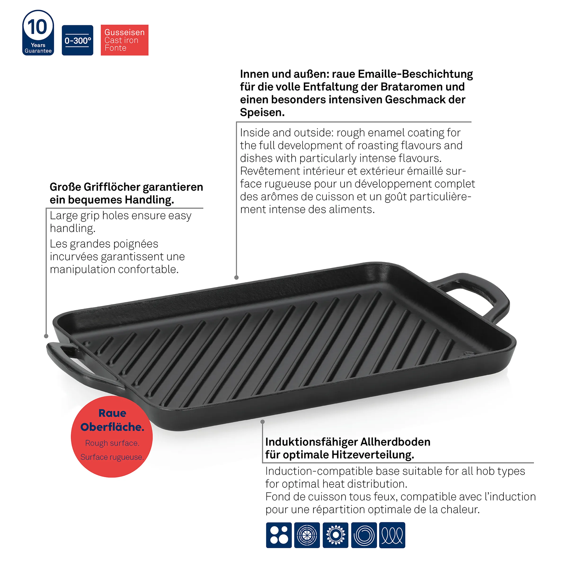 Gusseisen Grillpfanne mit Rillen, großen Griffmulden und rauer Emaille-Oberfläche für optimale Wärmeverteiltung und intensive Bratergebnisse.