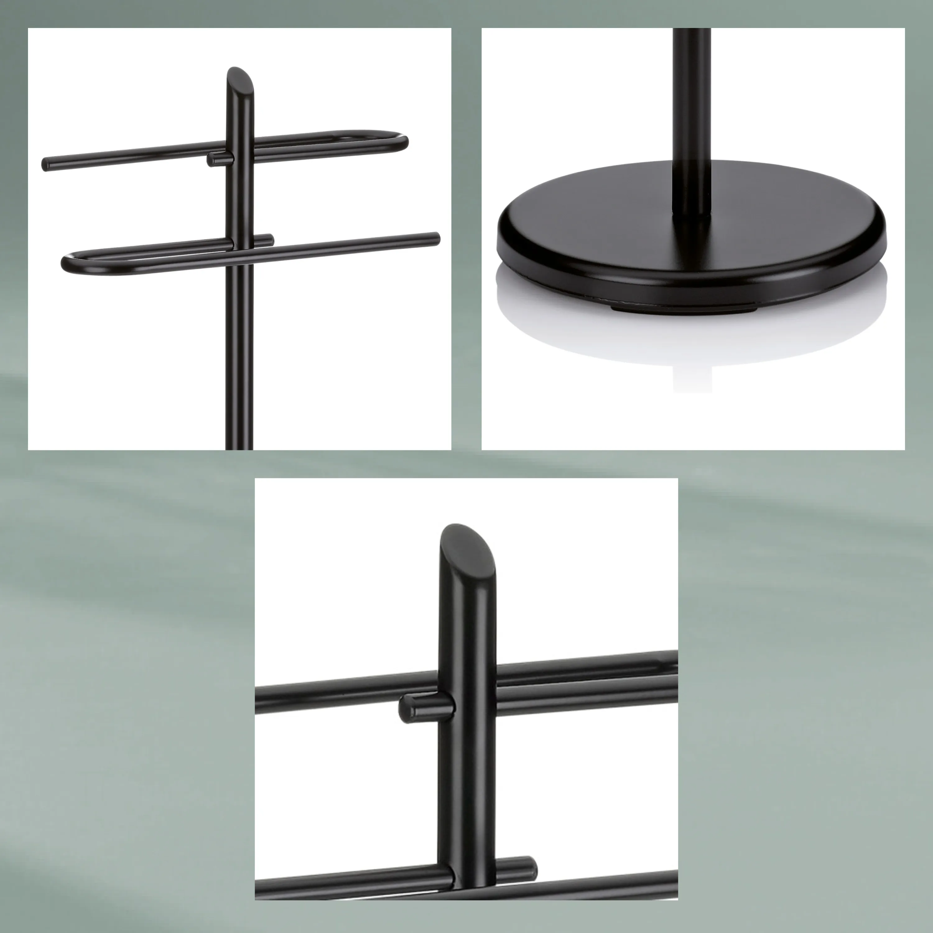 Kopfhörerständer - T-Form Kopfhörer-Halter Schwarze Kopfhörerständer-Set mit T-förmigem Design und runder Basis aus verschiedenen Winkeln dargestellt.