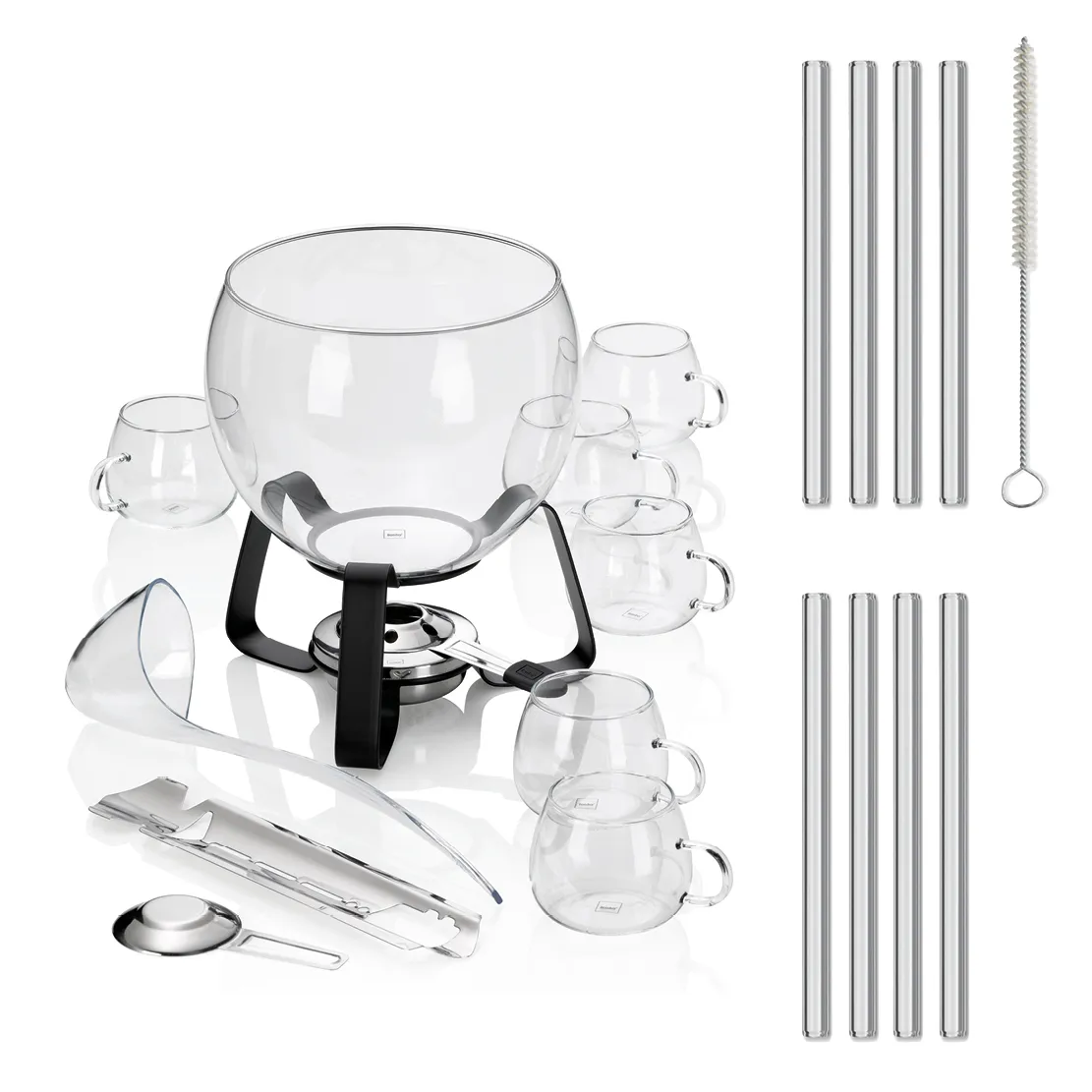 Fondue-Set mit Gläsern und Zubehör Fondue-Set mit großem Glastopf auf schwarzem Ständer, 8 Gläsern, Zangen, Löffel und Edelstahlstrohhalmen