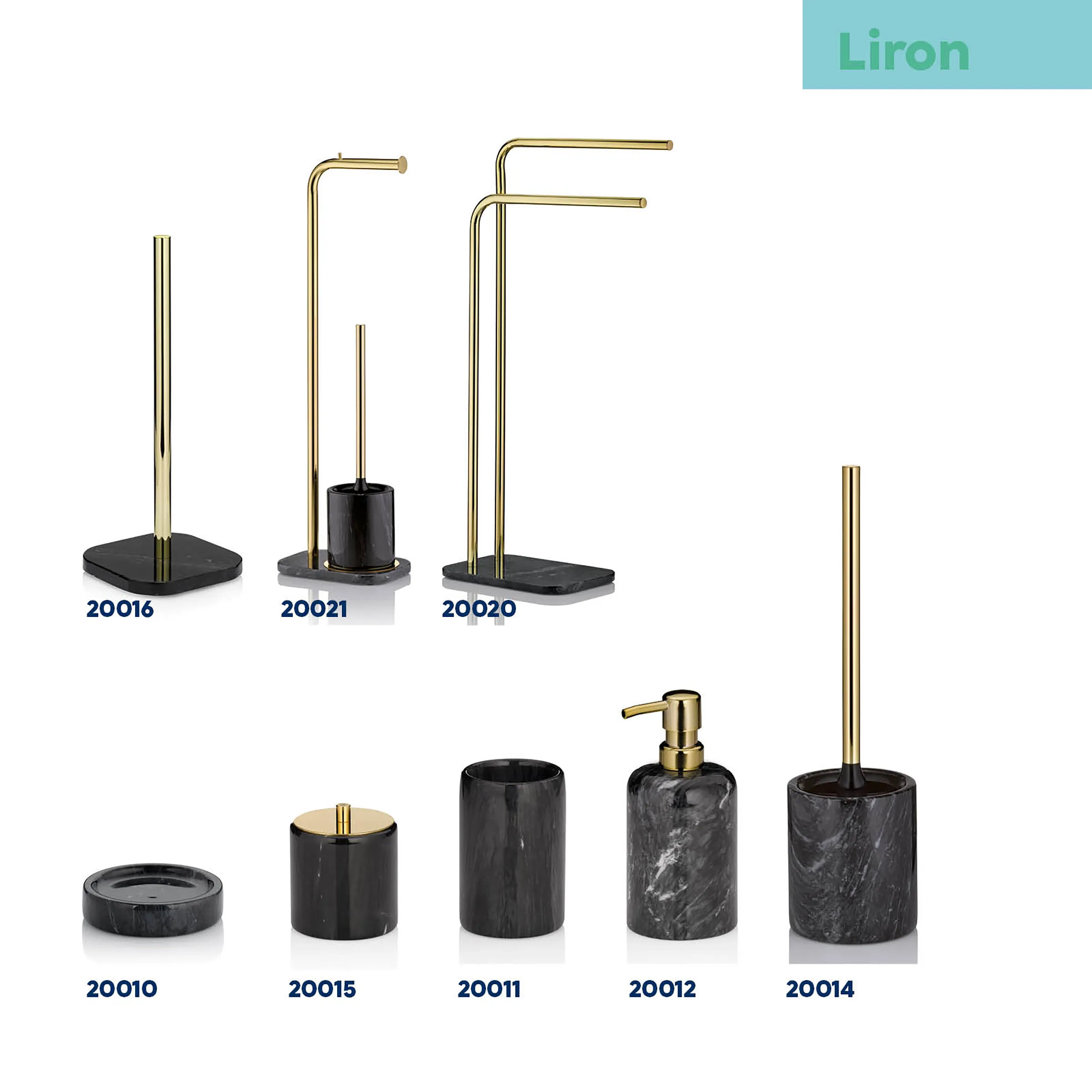 Liron Bad-Accessoires Set - schwarzer Marmor mit Gold Messing Toilettenbürste Seifenspender Liron Bad-Accessoires aus schwarzem Marmor mit goldenen Messingdetails, 9 Produkte der Serie 20010-20021