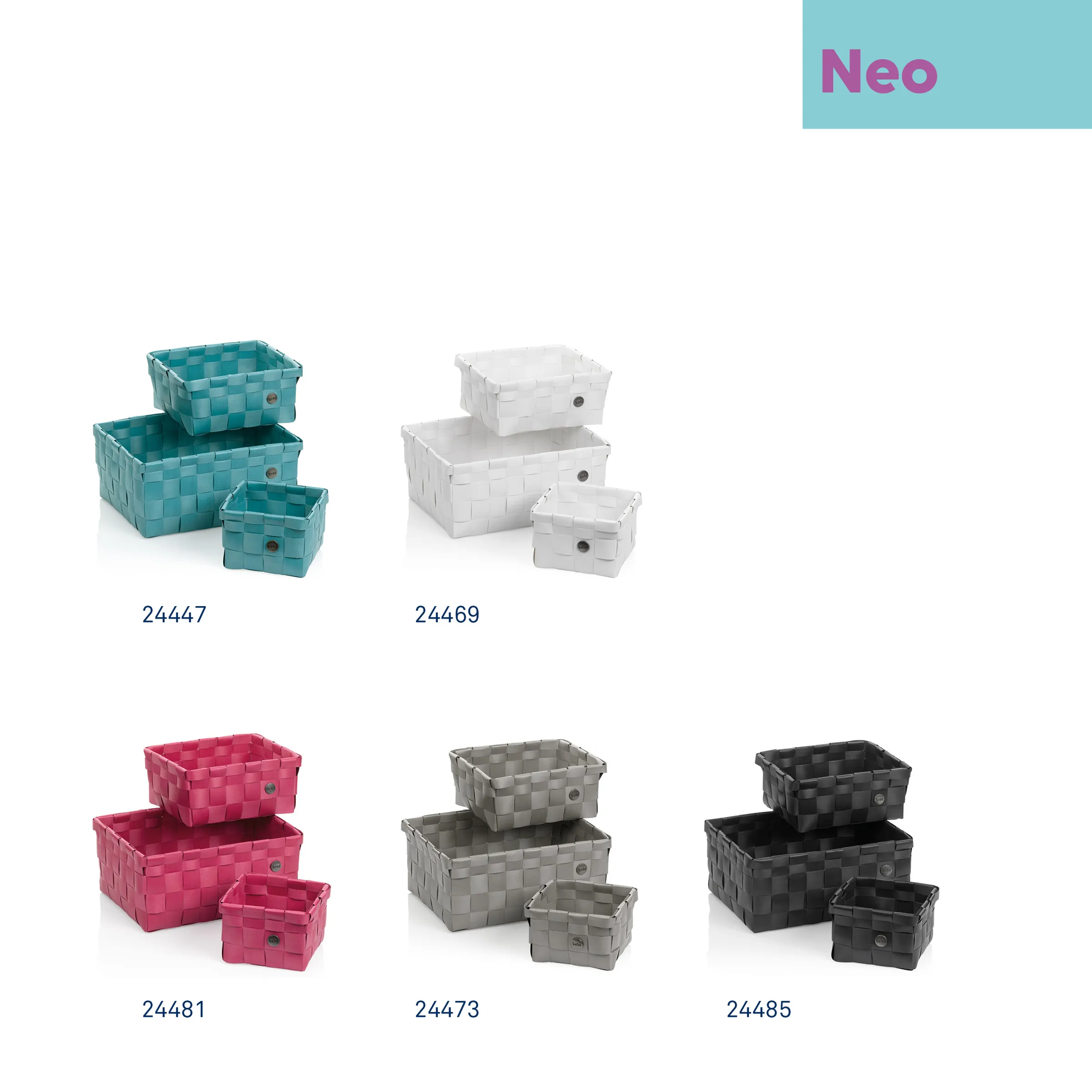 Neo Aufbewahrungskörbe Set in verschiedenen Farben - 3er Set Badkörbe geflochten Neo Aufbewahrungskörbe Set in 5 Farben - türkis, weiß, pink, grau und schwarz mit geflochtenem Design