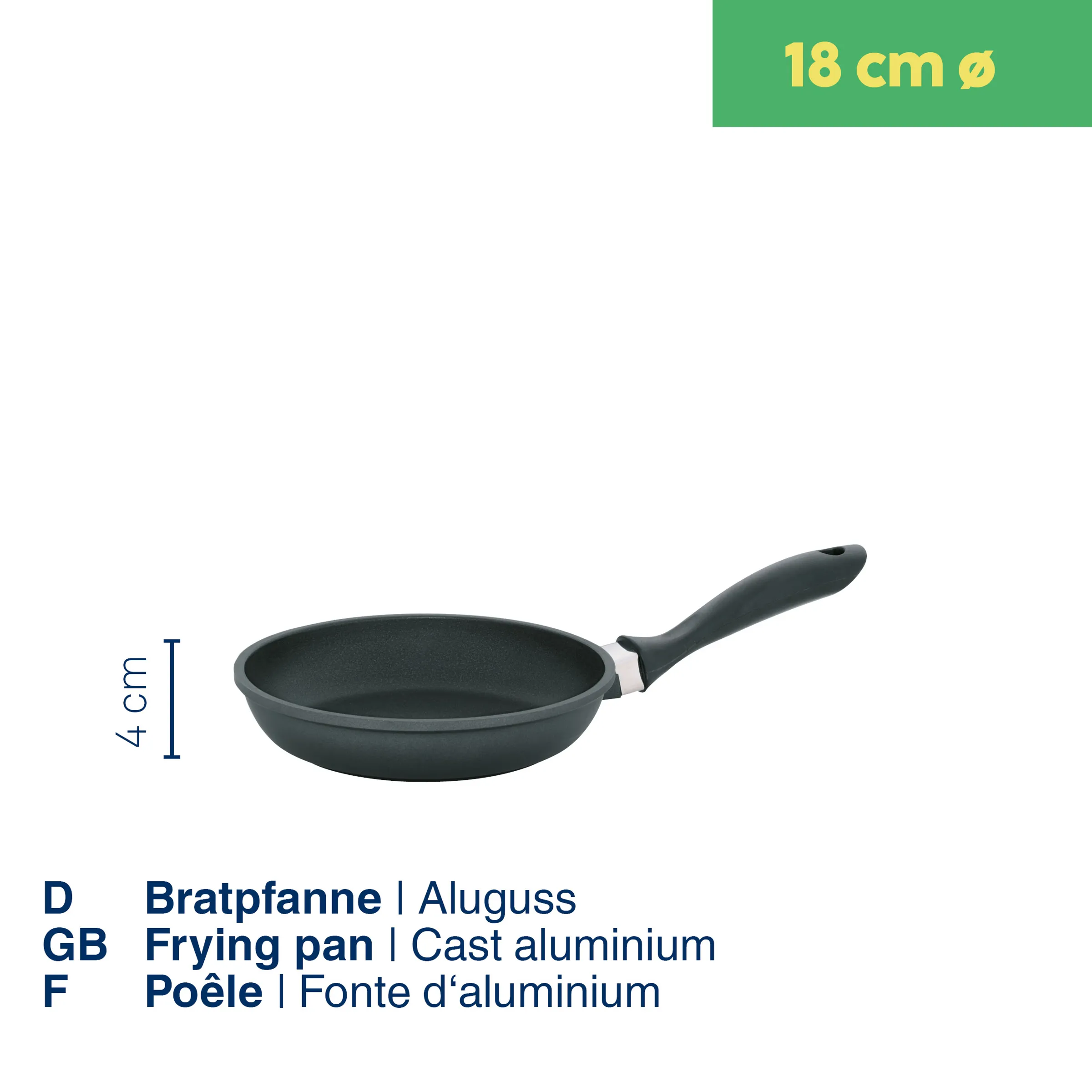 Bratpfanne aus Aluguss 18 cm – Antihaft-Pfanne mit ergonomischem Griff Gusseisen-Bratpfanne mit Antihaftbeschichtung, 18 cm Durchmesser, 4 cm Höhe, mit grauem Griff