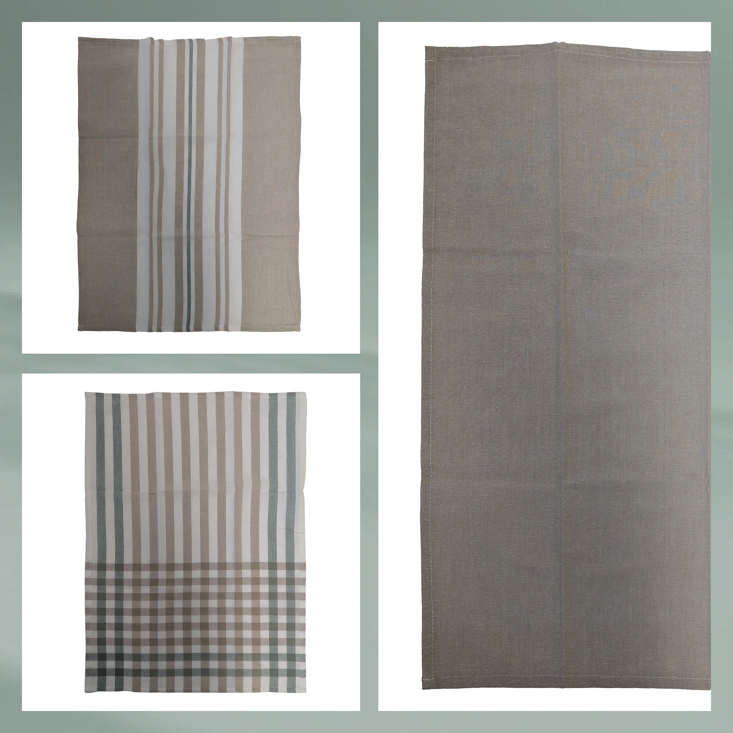 Geschirrtücher Set Grau Beige mit Streifen und Karo – Küchentextilien Drei Geschirrtücher in Grau und Beige mit Streifen- und Karomuster sowie ein einfarbiges grau-beiges Tuch
