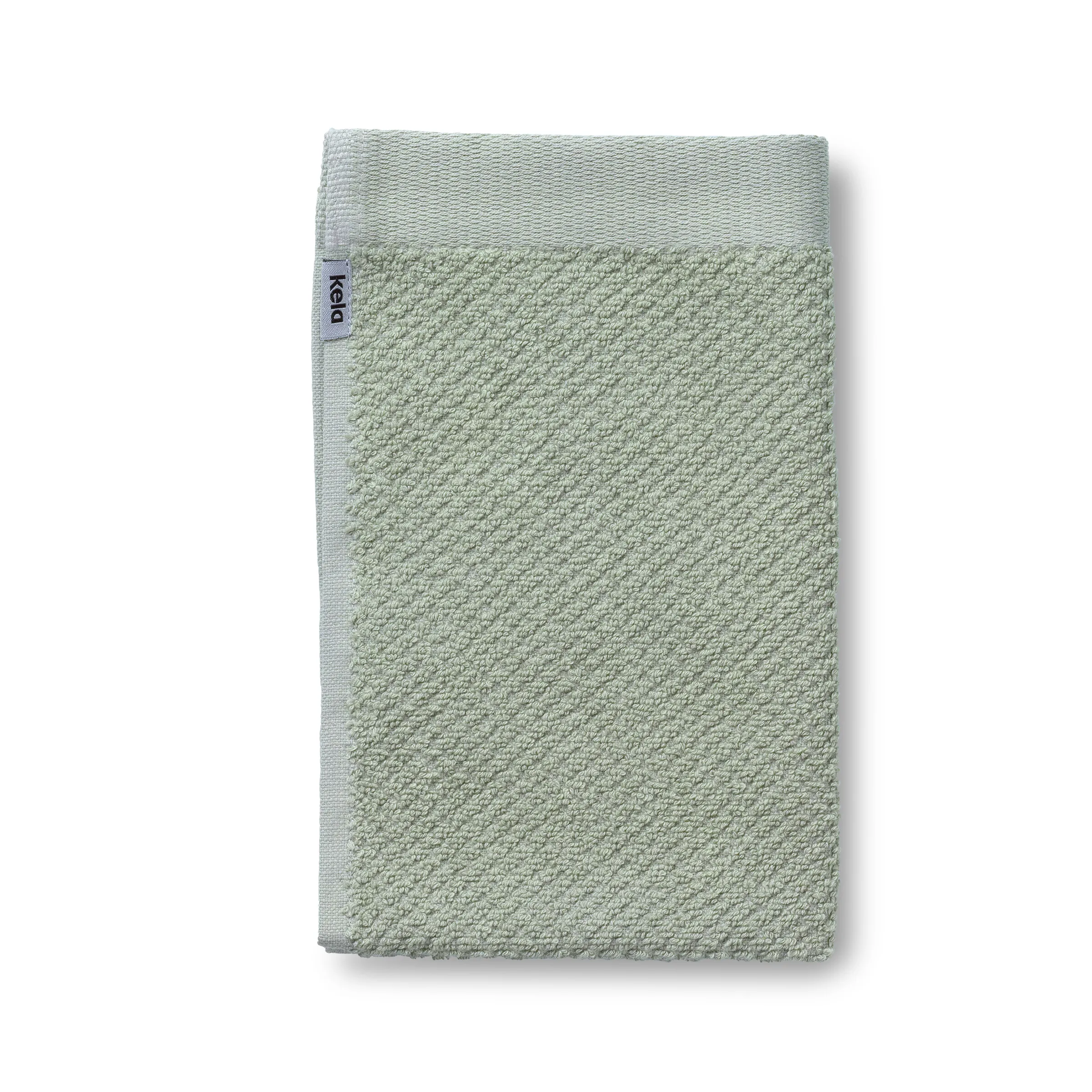 Mint-grünes Handtuch aus Baumwolle mit strukturiertem Webmuster und blauem Markenlogo auf der Seite