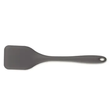 Graue Silikon-Spachtel mit langem Stiel und rundem Loch am Ende, ideal zum Umrühren und Servieren