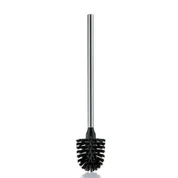 Schwarze WC-Bürste mit langem Edelstahlgriff, schwarze Borsten an rundem Bürstenkopf