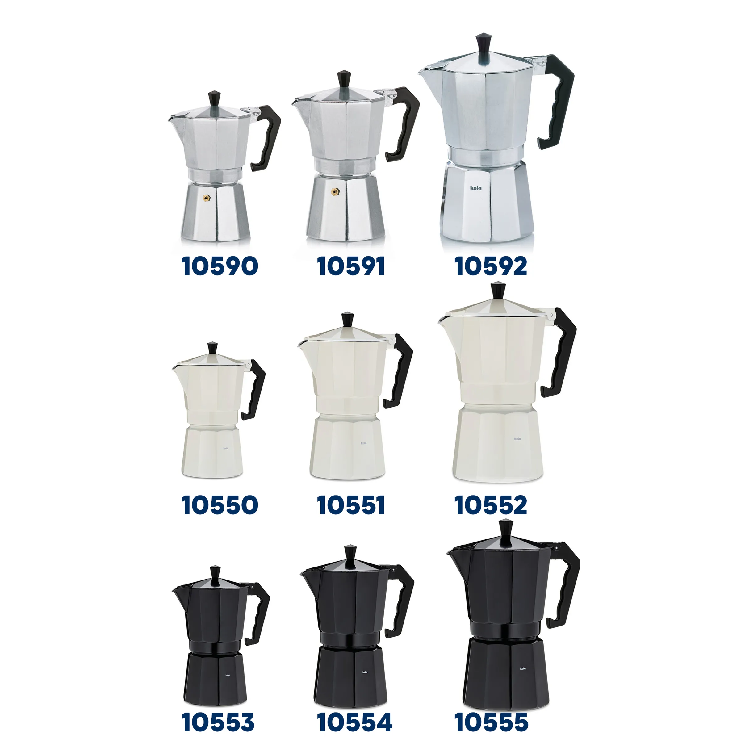 Moka Kaffeekocher Set - Espressokocher in verschiedenen Größen Neun Moka-Kaffeekocher in verschiedenen Größen und Farben: Silber (10590-10592) und Weiß/Schwarz (10550-10555)