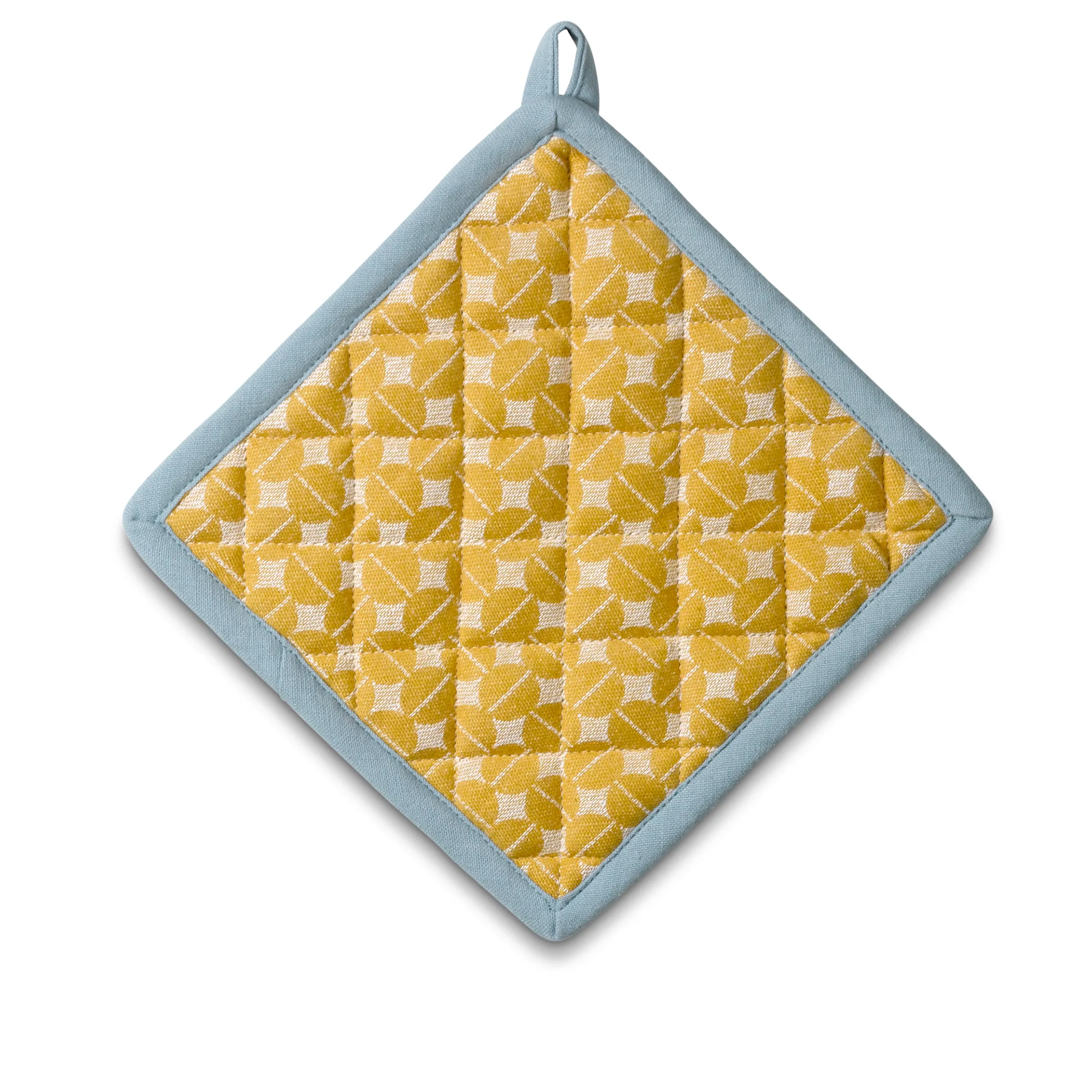 Quadratisches Topflappen mit grauem Rand und gelbem Muster mit weißen Diamanten, Aufhängeschlaufe oben