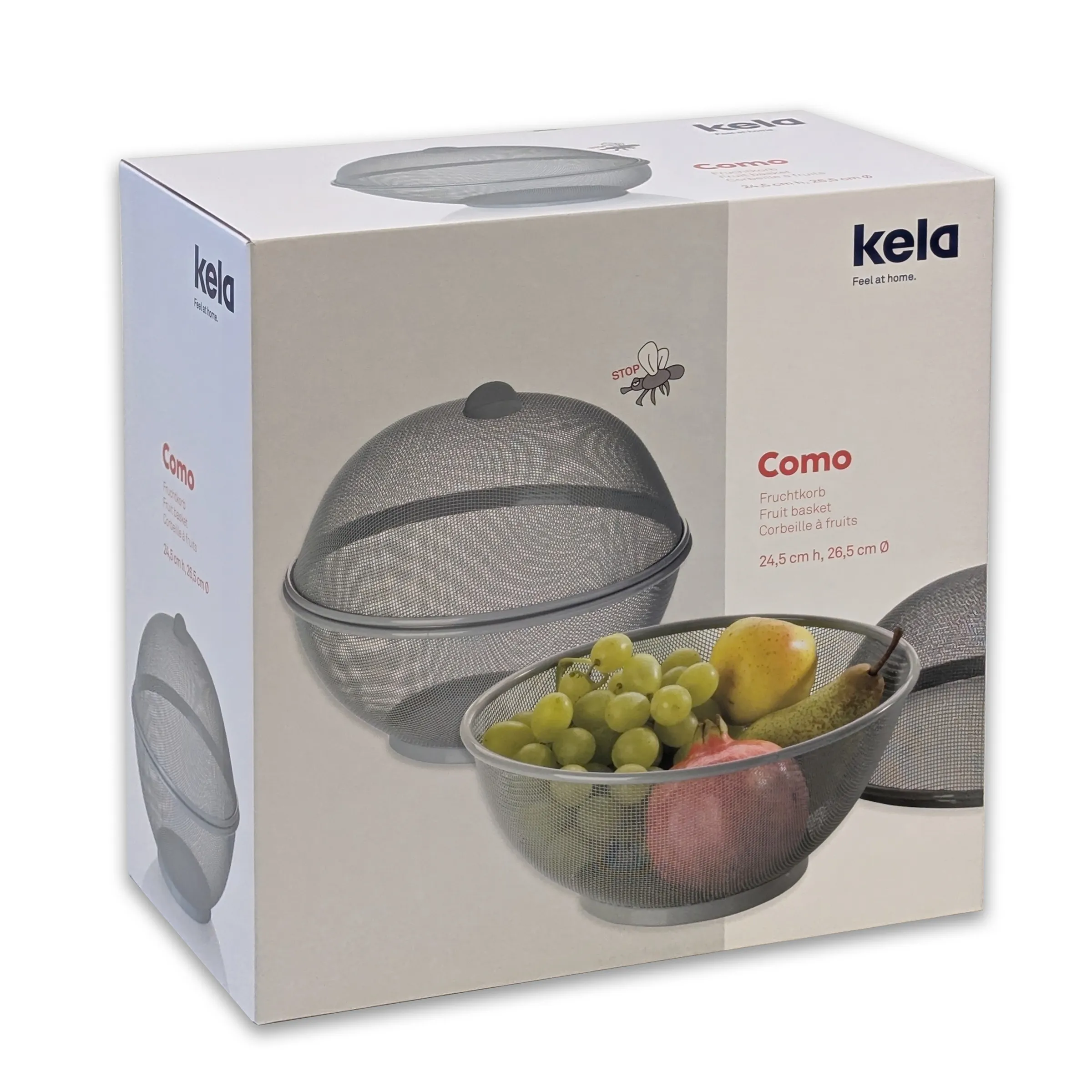 Kela Como Fruchtkorb mit Deckel - Mesh Obstschale Fliegenschutz Kela Como Fruchtkorb mit Deckel, Mesh-Design, gefüllt mit Trauben und Obst, Verpackung zeigt Produktdetails