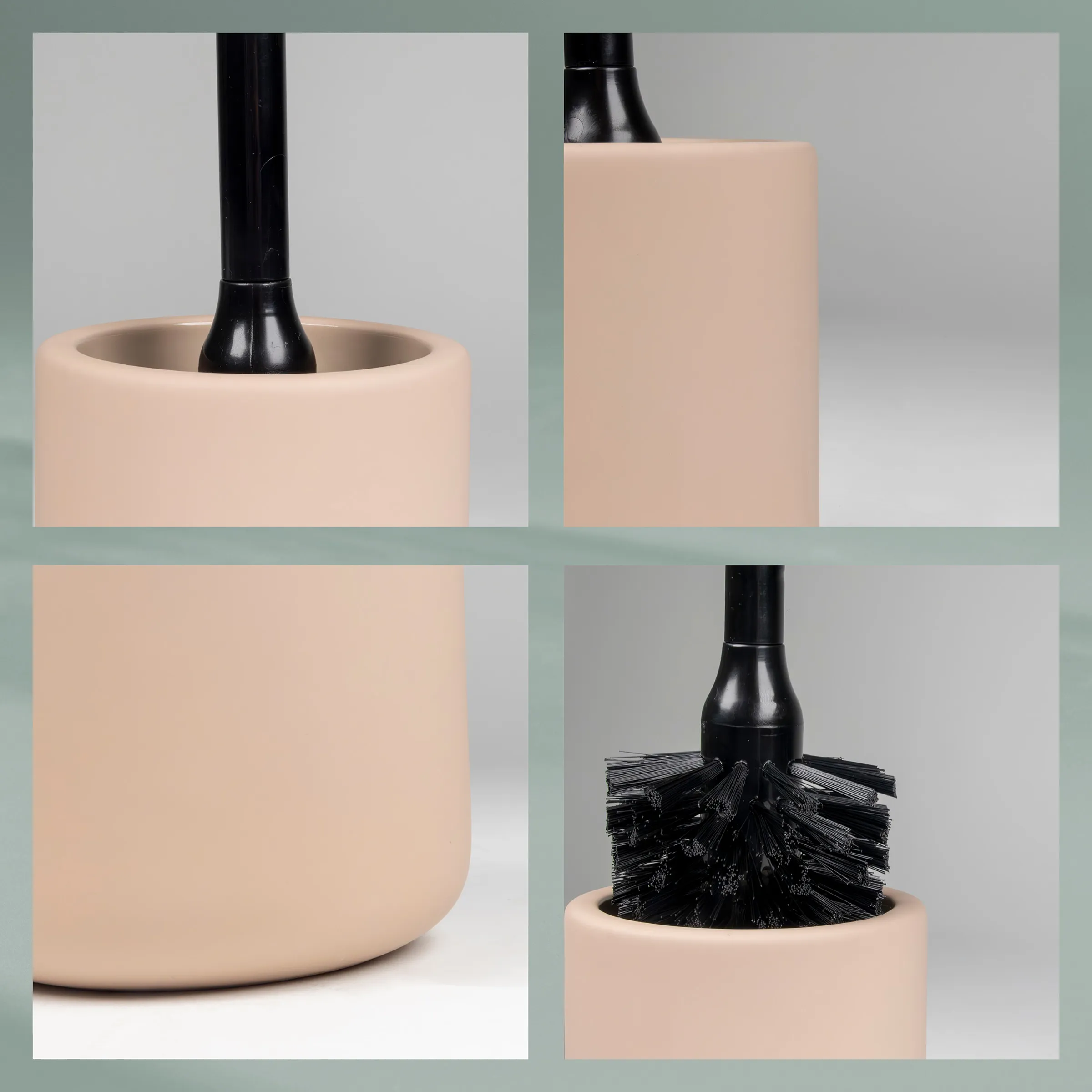 Toilettenbürste beige mit schwarzem Griff Beige Toilettenbürste mit schwarzem Griff in vier verschiedenen Ansichten auf grauem Hintergrund