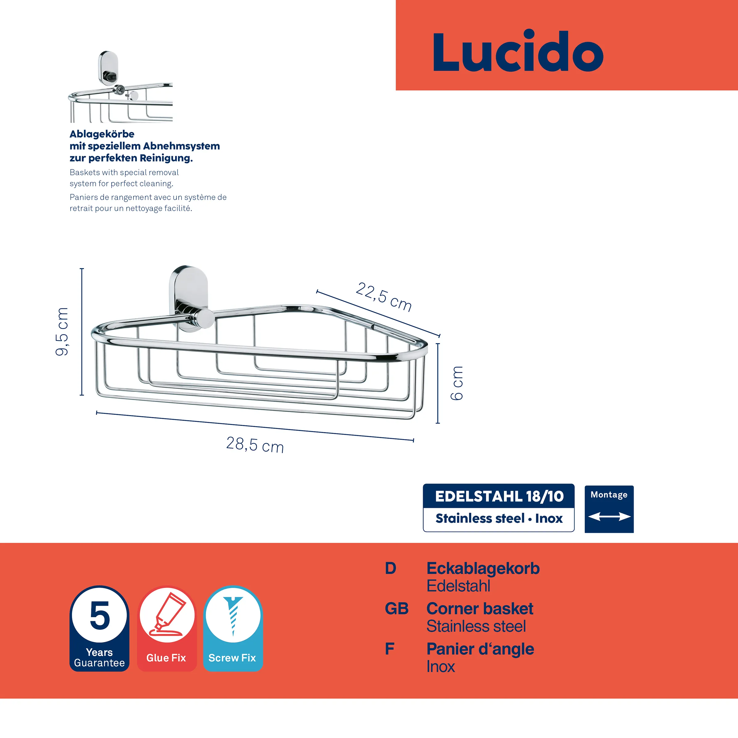Lucido Eckablagekorb aus Edelstahl mit Maßangaben und speziellem Abnehmsystem, Montageicons zeigen Glue Fix und Screw Fix