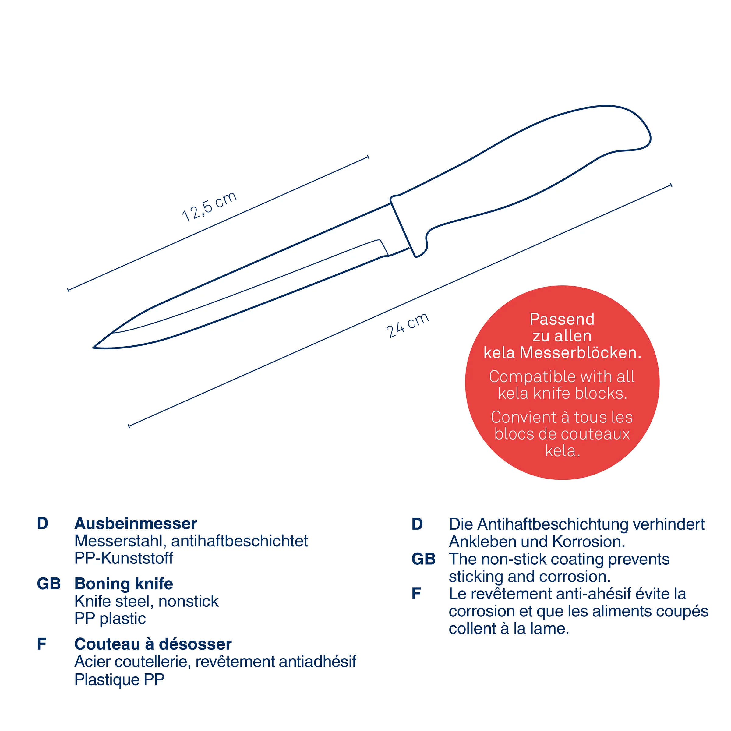 Ausbeinmesser antihaftbeschichtet - kompatibel mit kela Messerblöcken Ausbeinmesser mit Maßangaben 12,5 cm und 24 cm, antihaftbeschichtet, kompatibel mit kela Messerblöcken