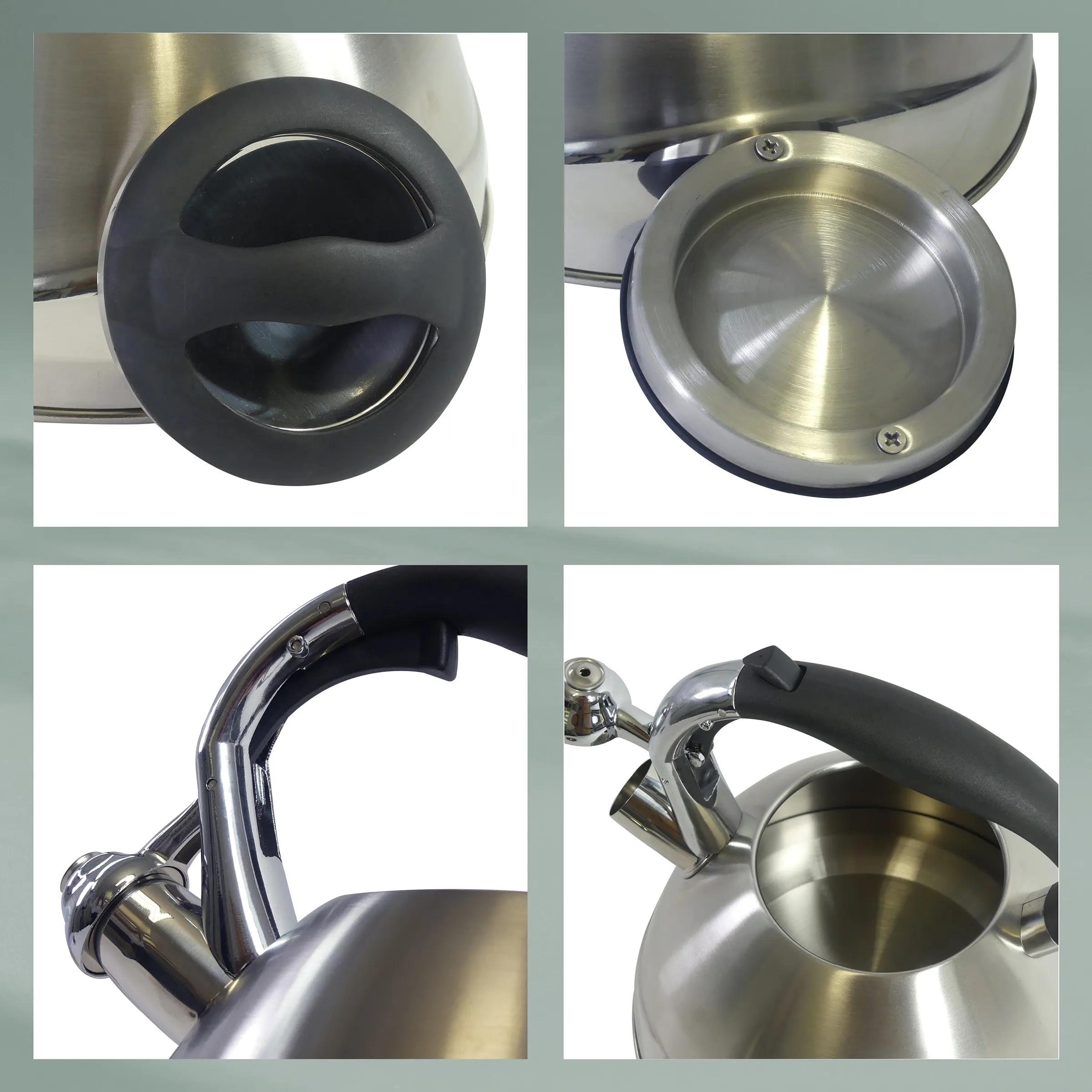 Edelstahl-Wasserkocher Detailaufnahmen - Griff, Ausguss und Deckel Edelstahl-Wasserkocher Detailansichten: schwarze Spitze Ausgießer, Deckelöffnung, Griff und Schwenkarm