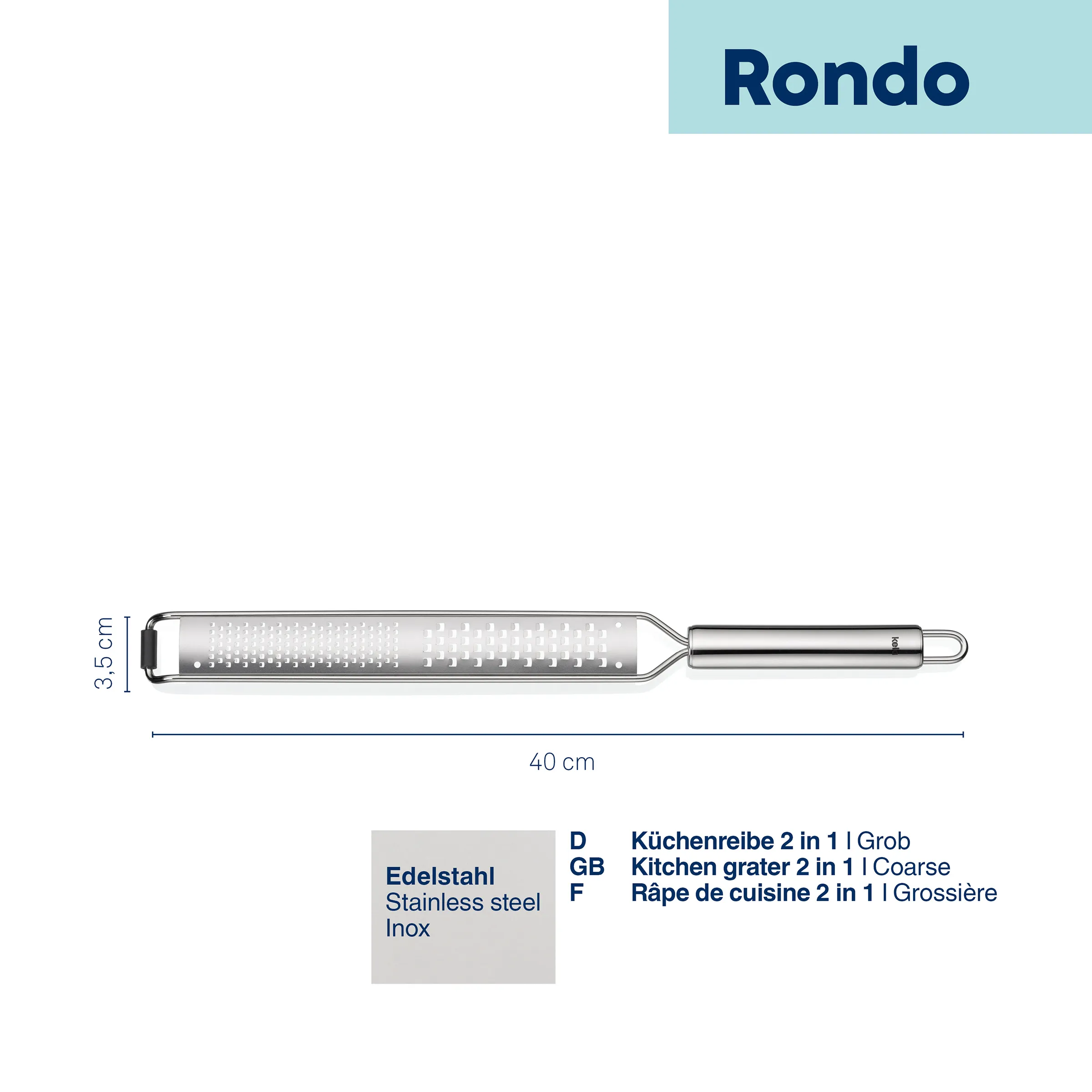 Küchenreibe 2 in 1 | Edelstahl Rondo Rösle Rondo Küchenreibe 2 in 1 aus Edelstahl, 40 cm lang, mit Griff und Messflächen für grobes Reiben