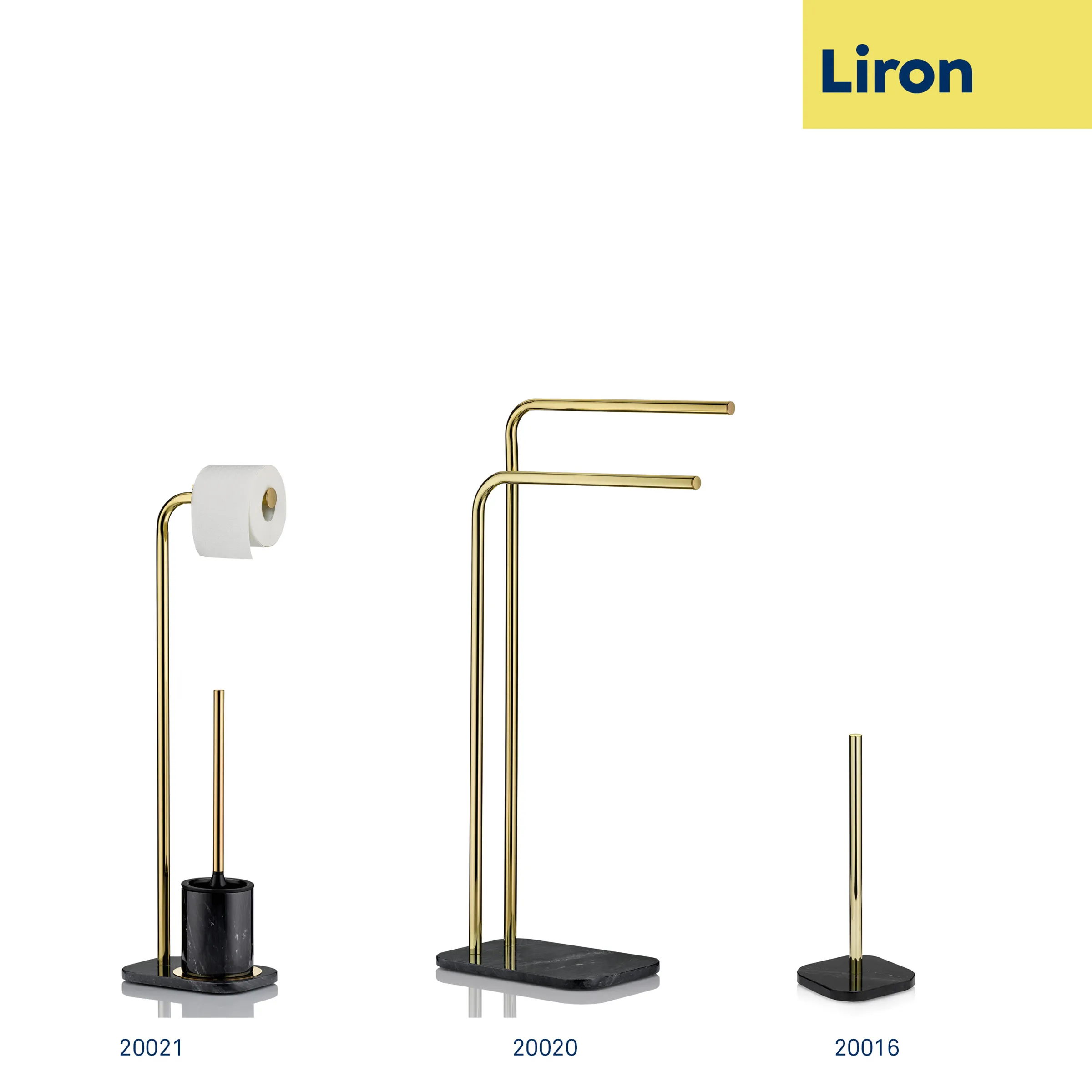 Liron Badezimmeraccessoires Messing Marmor Set Drei Badezimmeraccessoires von Liron in Messing und schwarzem Marmor: Toilettenpapierhalter, Handtuchständer und Bürstenhalter