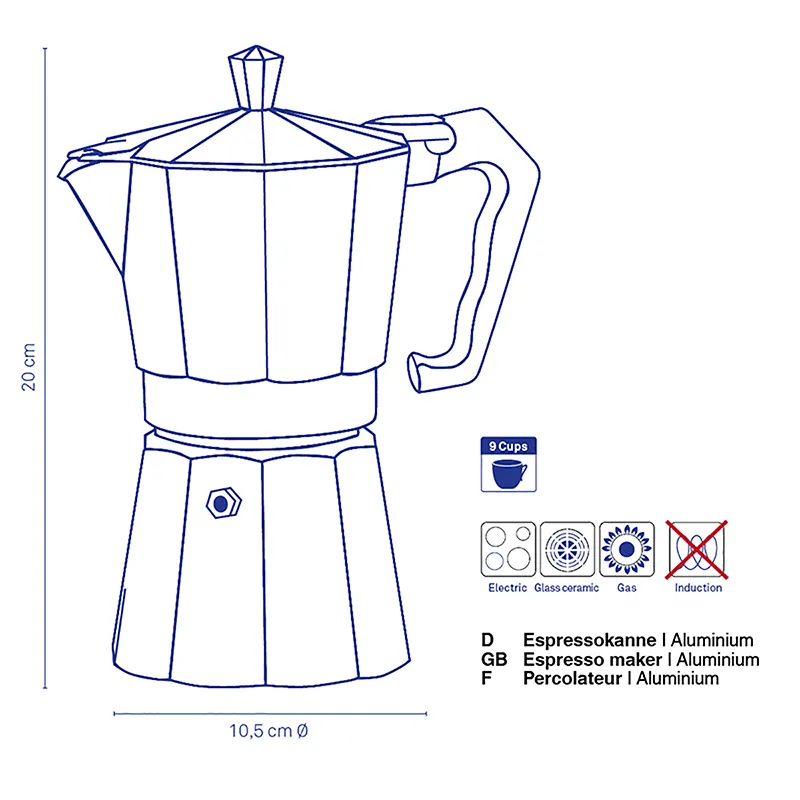 Espressokanne Aluminium 9 Tassen - Technische Zeichnung mit Maßangaben Technische Zeichnung einer 9-Tassen Espressokanne aus Aluminium, 20 cm hoch, 10,5 cm Durchmesser, für Gas und Elektro