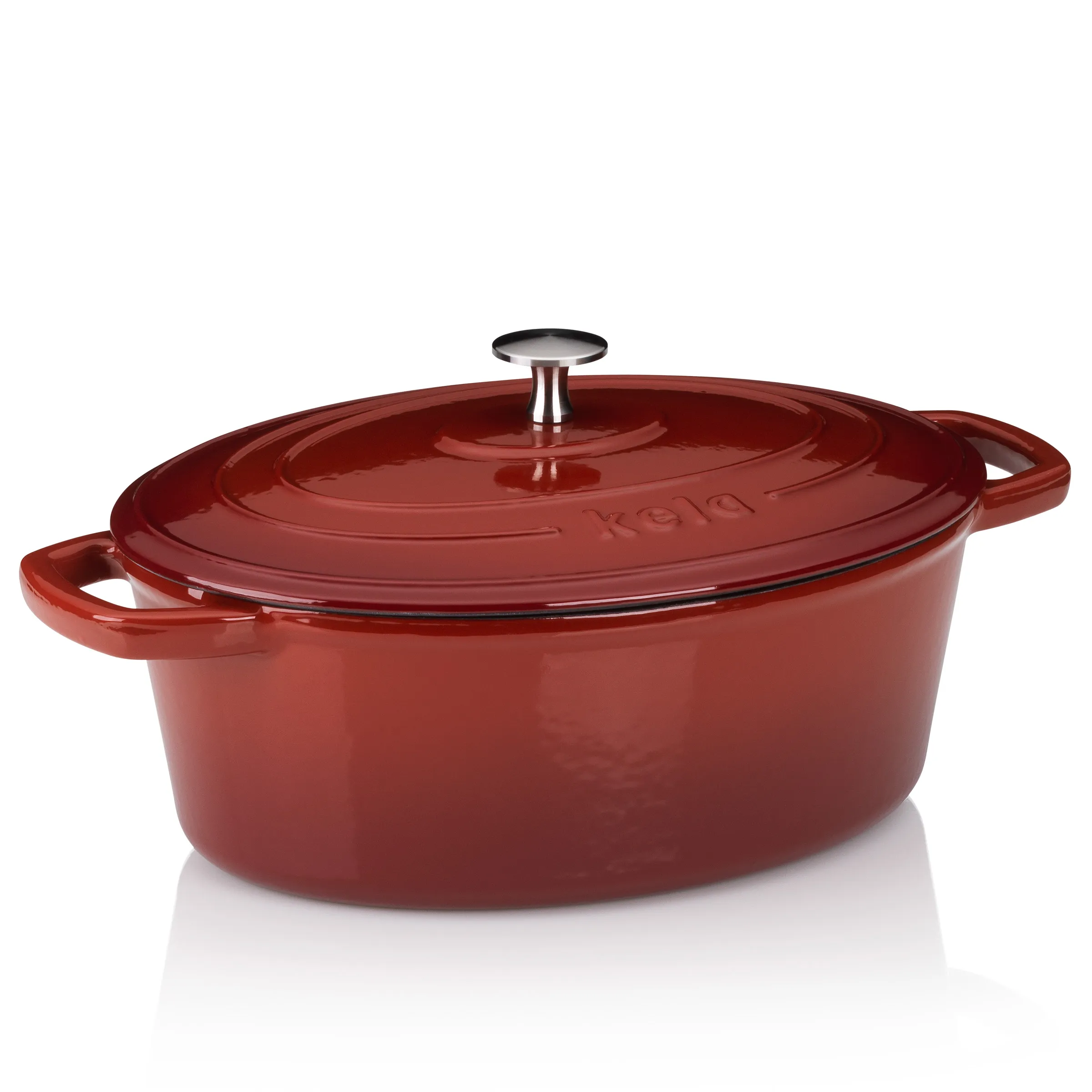 Kela Gusseisen Bräter oval rot - Dutch Oven mit Deckel Ovaler roter Bräter aus Gusseisen mit Deckel und Griffen von Kela auf weißem Hintergrund