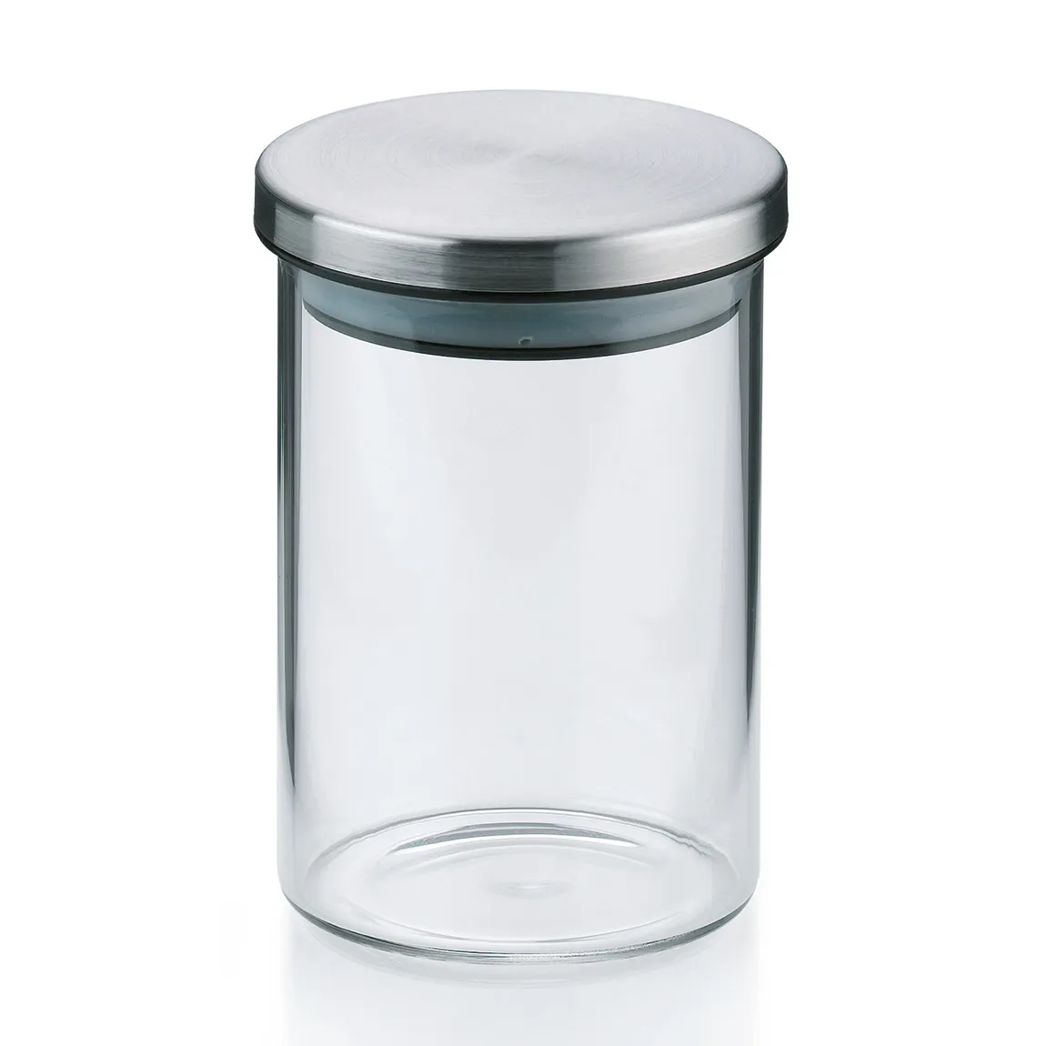 Vorratsglas mit Schraubdeckel - Lagerbehälter Glas Leeres Vorratsglas aus Glas mit metallischem Schraubdeckel und Dichtungsring, isoliert auf weißem Hintergrund.